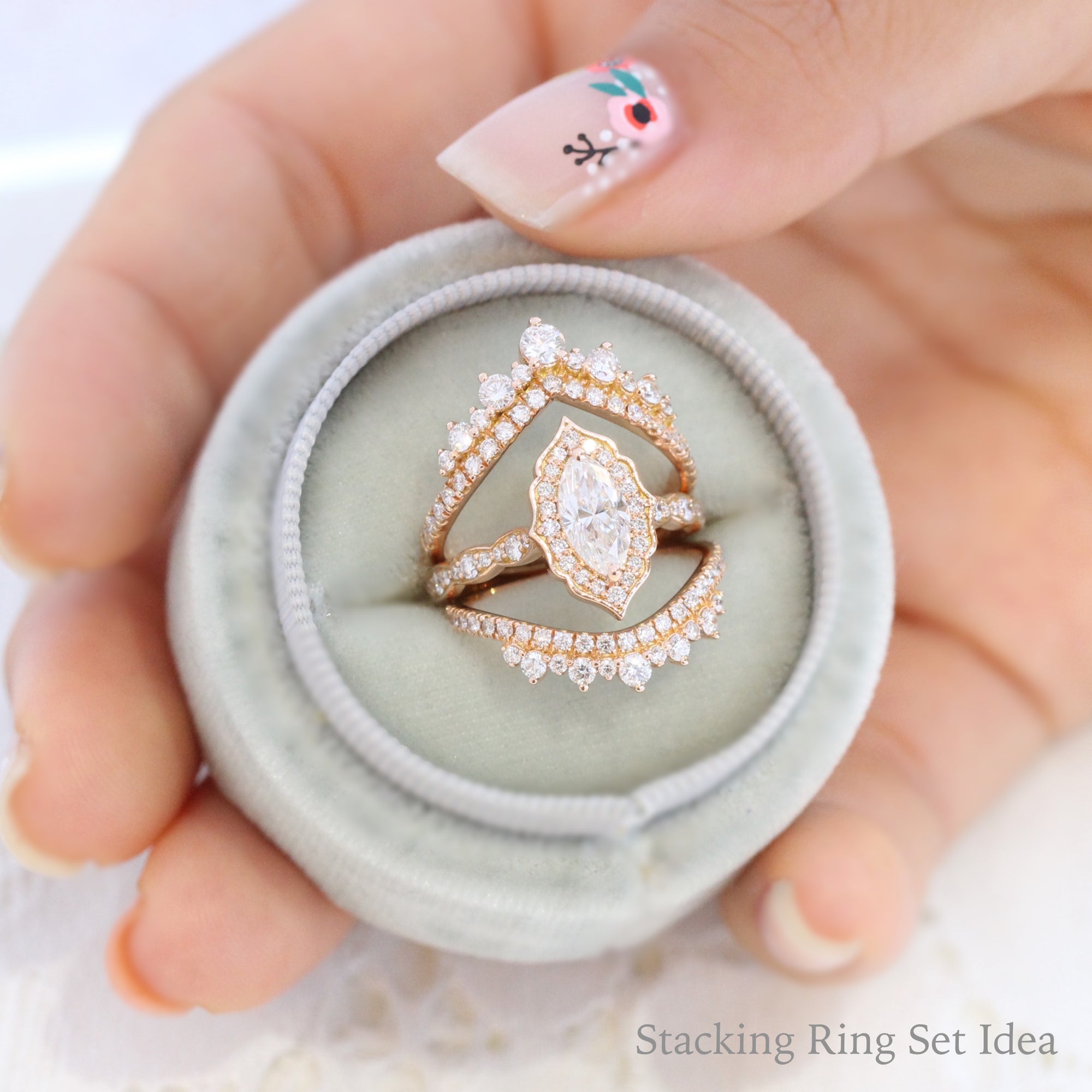 unqiue stacking diamond ring set rose gold bridal set la more design jewelry 