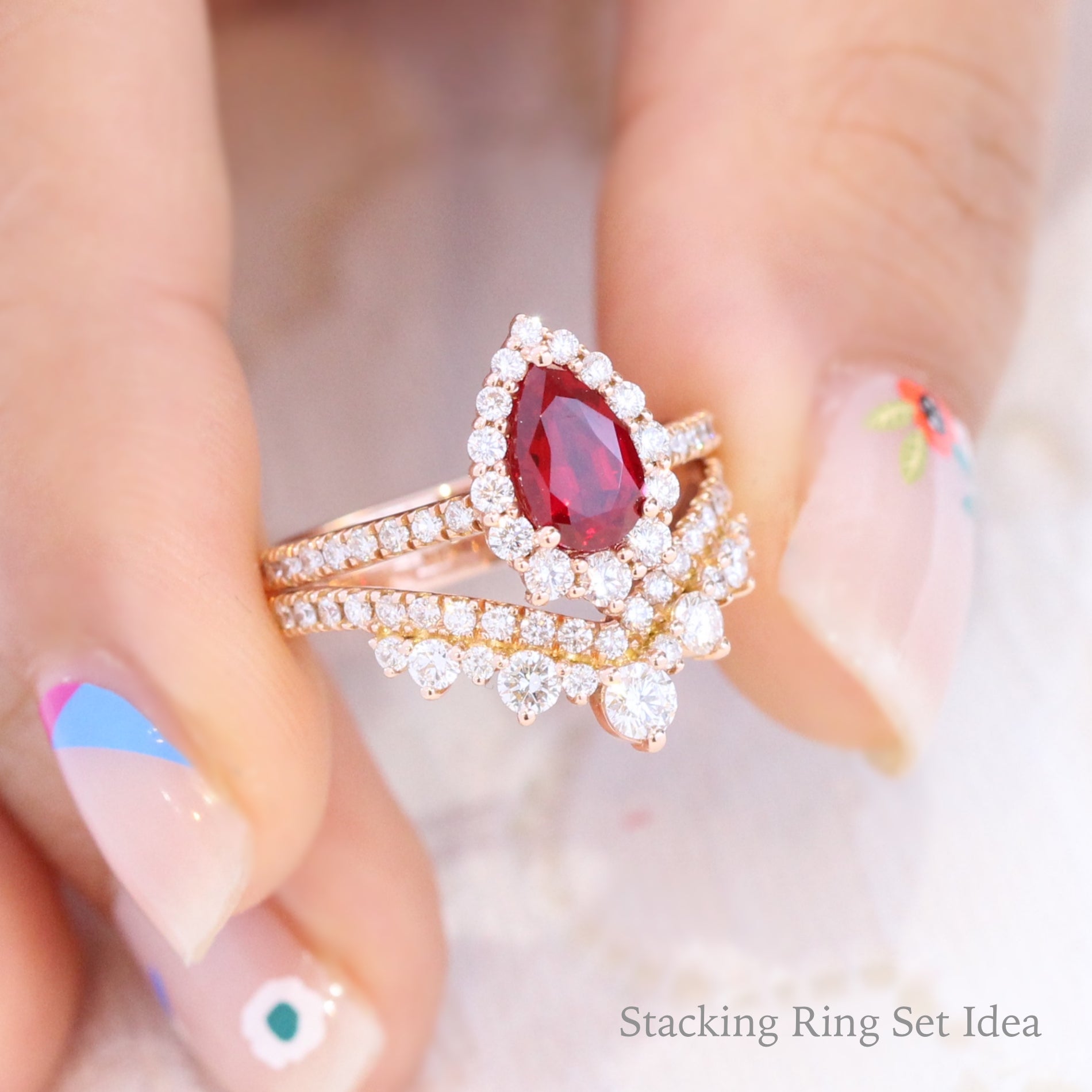 unqiue stacking diamond ring set rose gold bridal set la more design jewelry 
