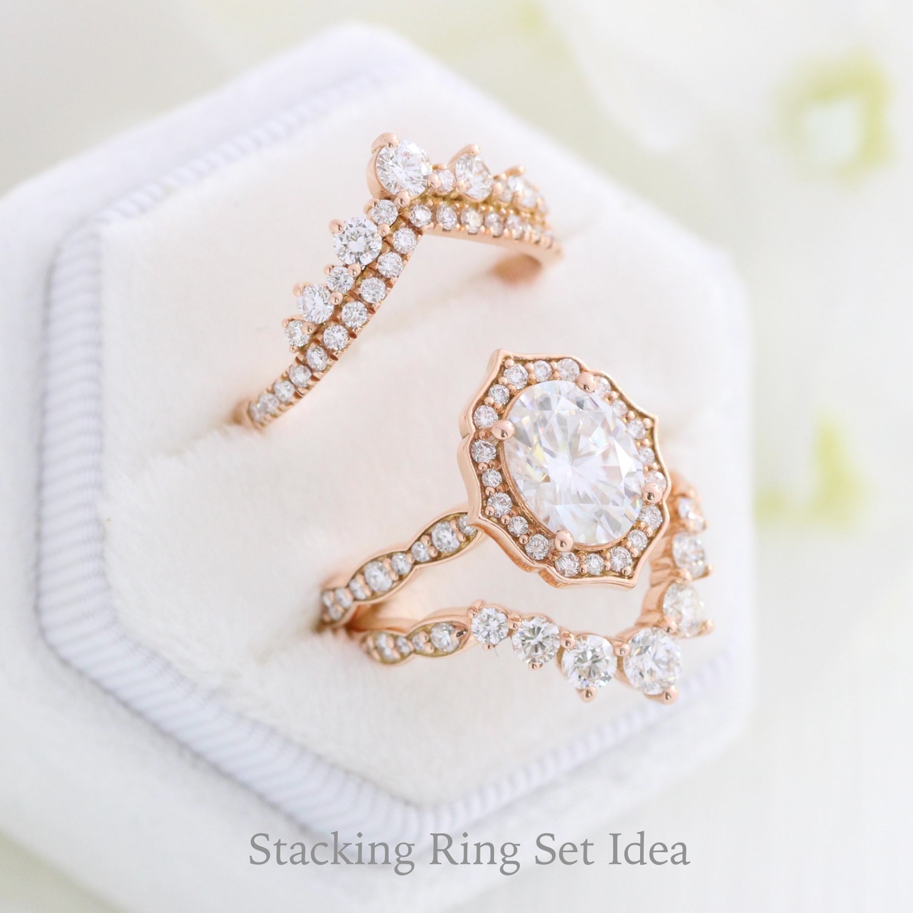 unqiue stacking diamond ring set rose gold bridal set la more design jewelry 