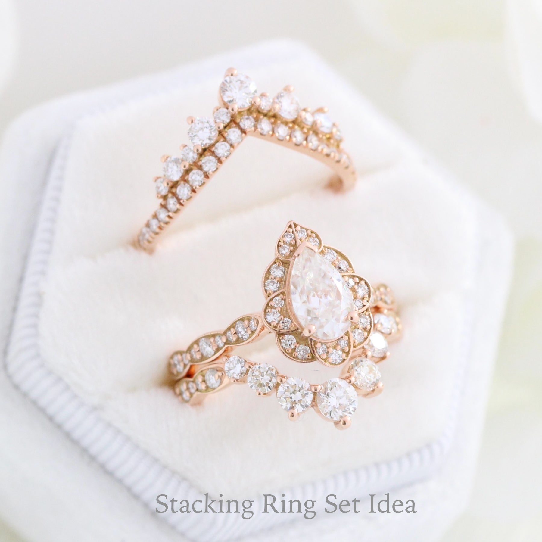 Leaf Princess Cut Peach Morganite Anniversary Rings Set In 14K Rose Gold