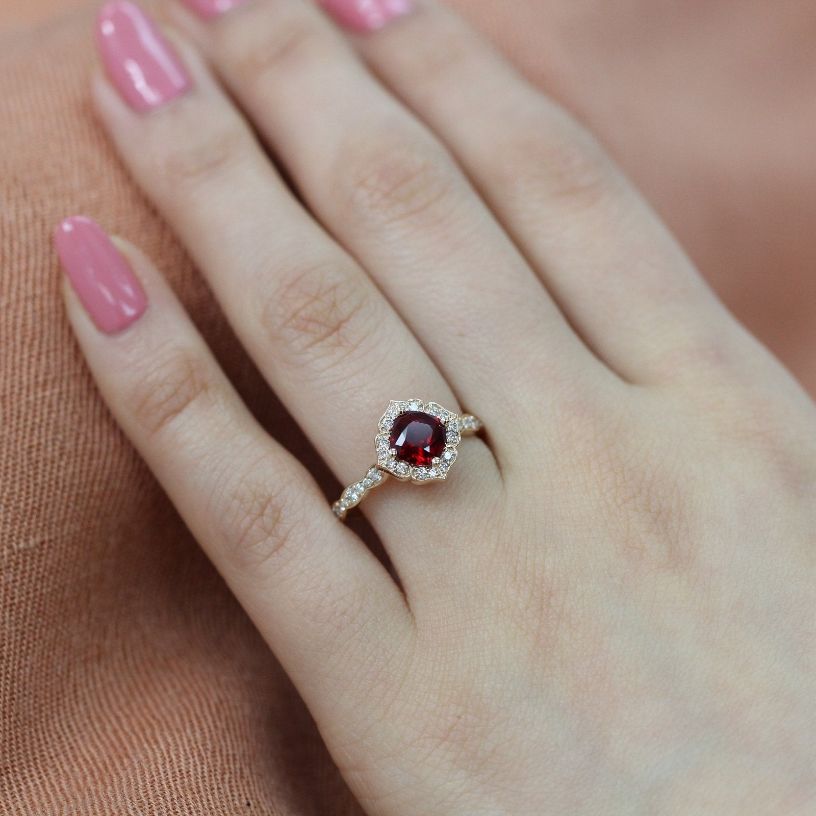 vintage floral ruby ring yellow gold scalloped diamond engagement ring by la more design