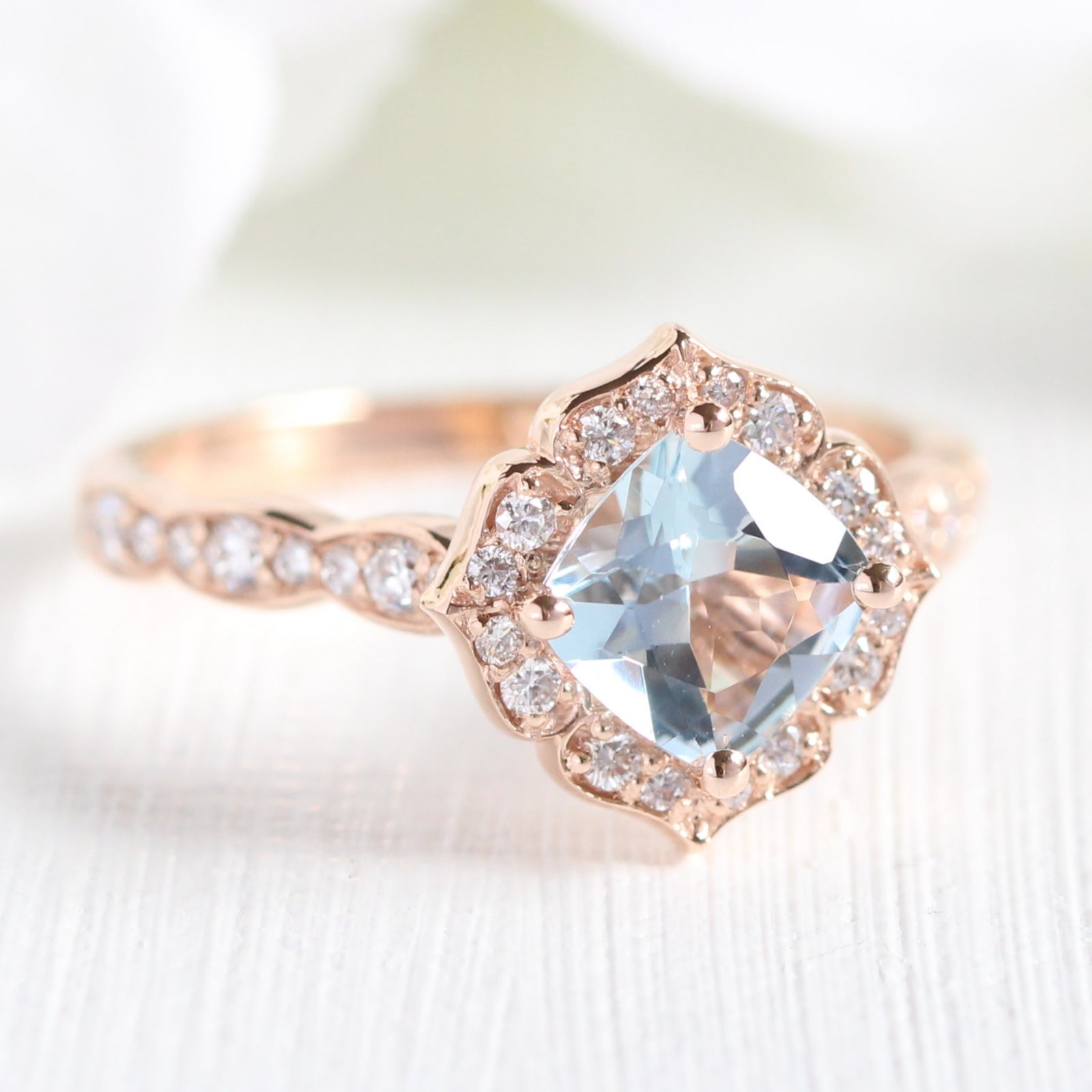 vintage floral aquamarine engagement ring rose gold scalloped diamond band by la more design jewelry