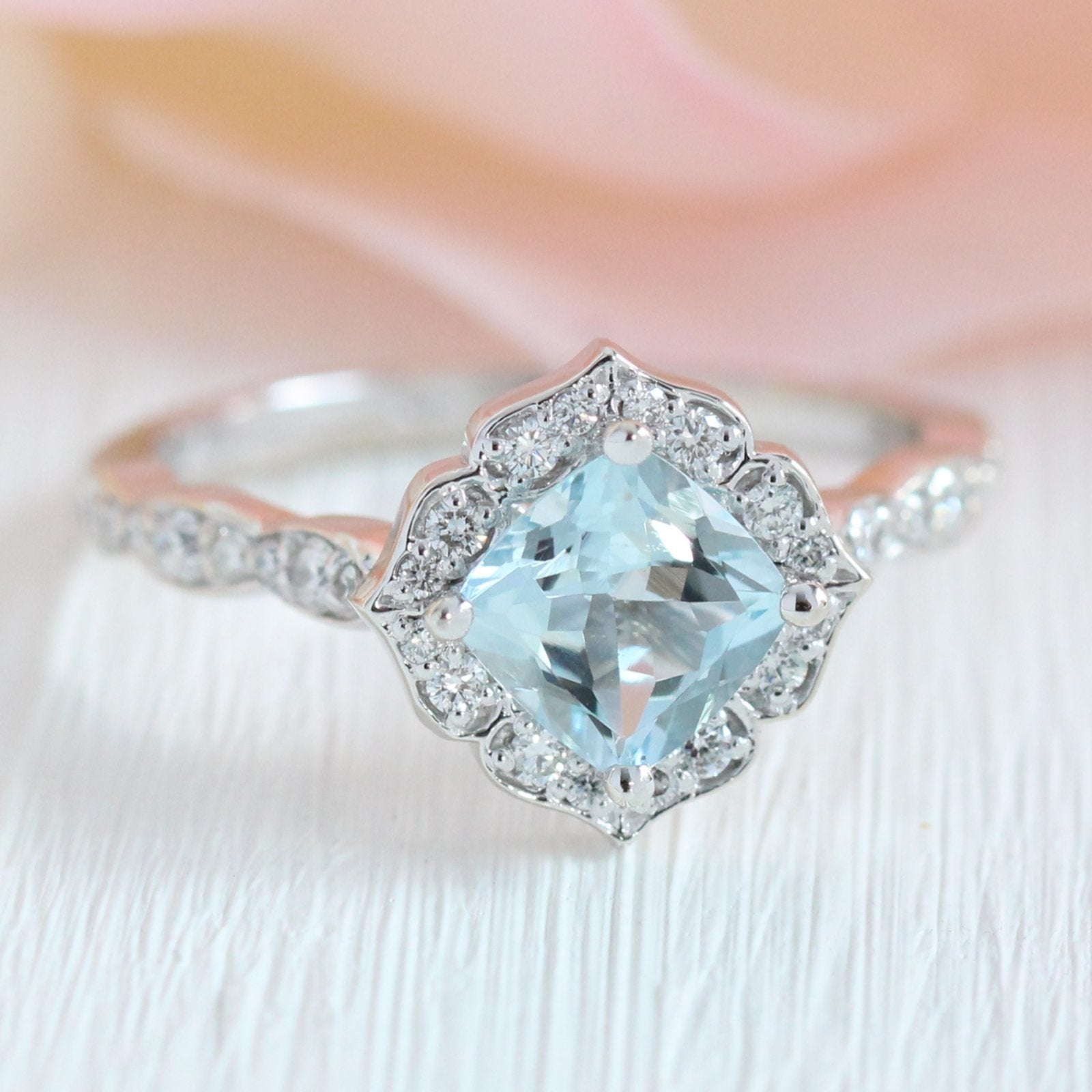 vintage floral aquamarine engagement ring white gold scalloped diamond band by la more design jewelry