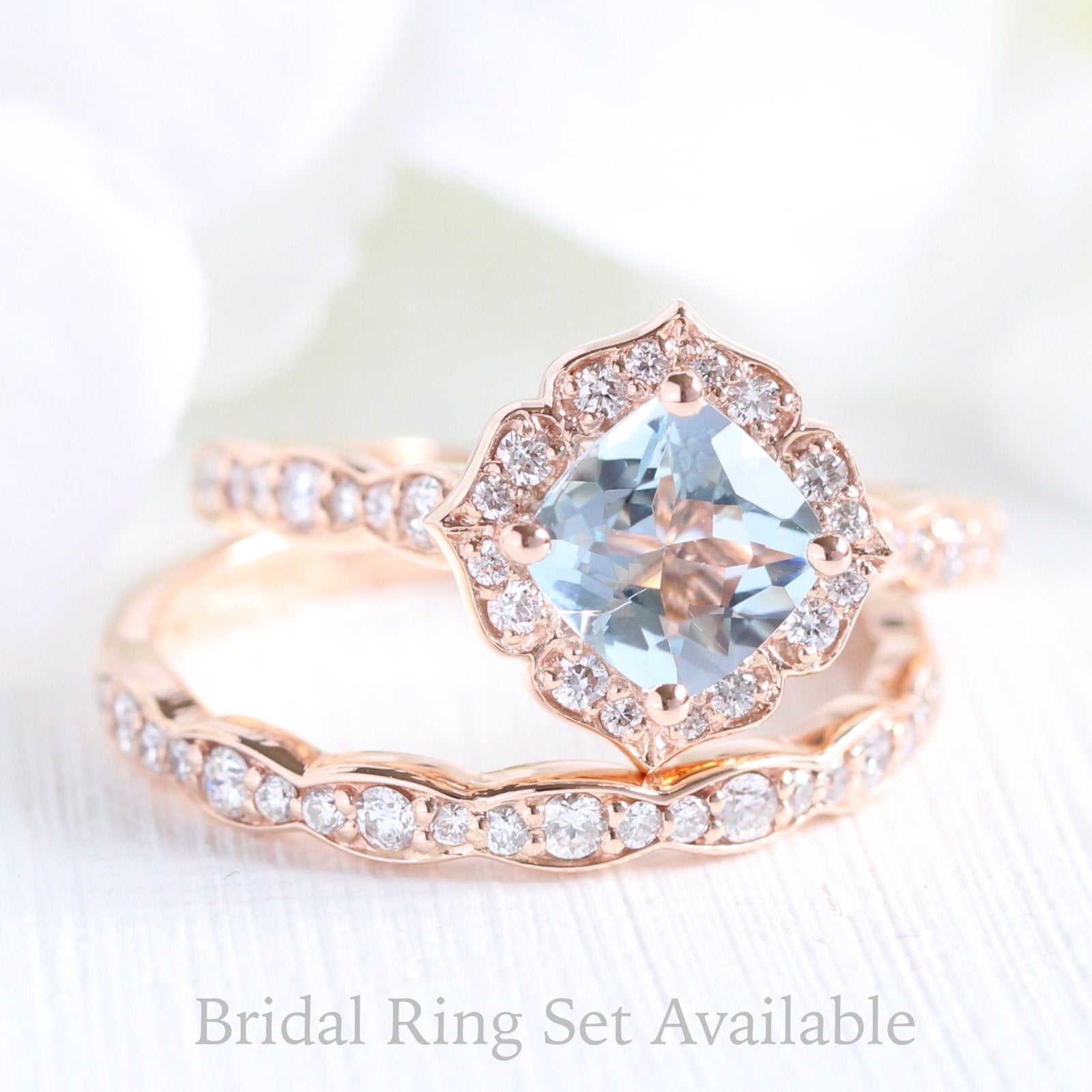 aquamarine engagement ring set in rose gold mini vintage floral by la more design