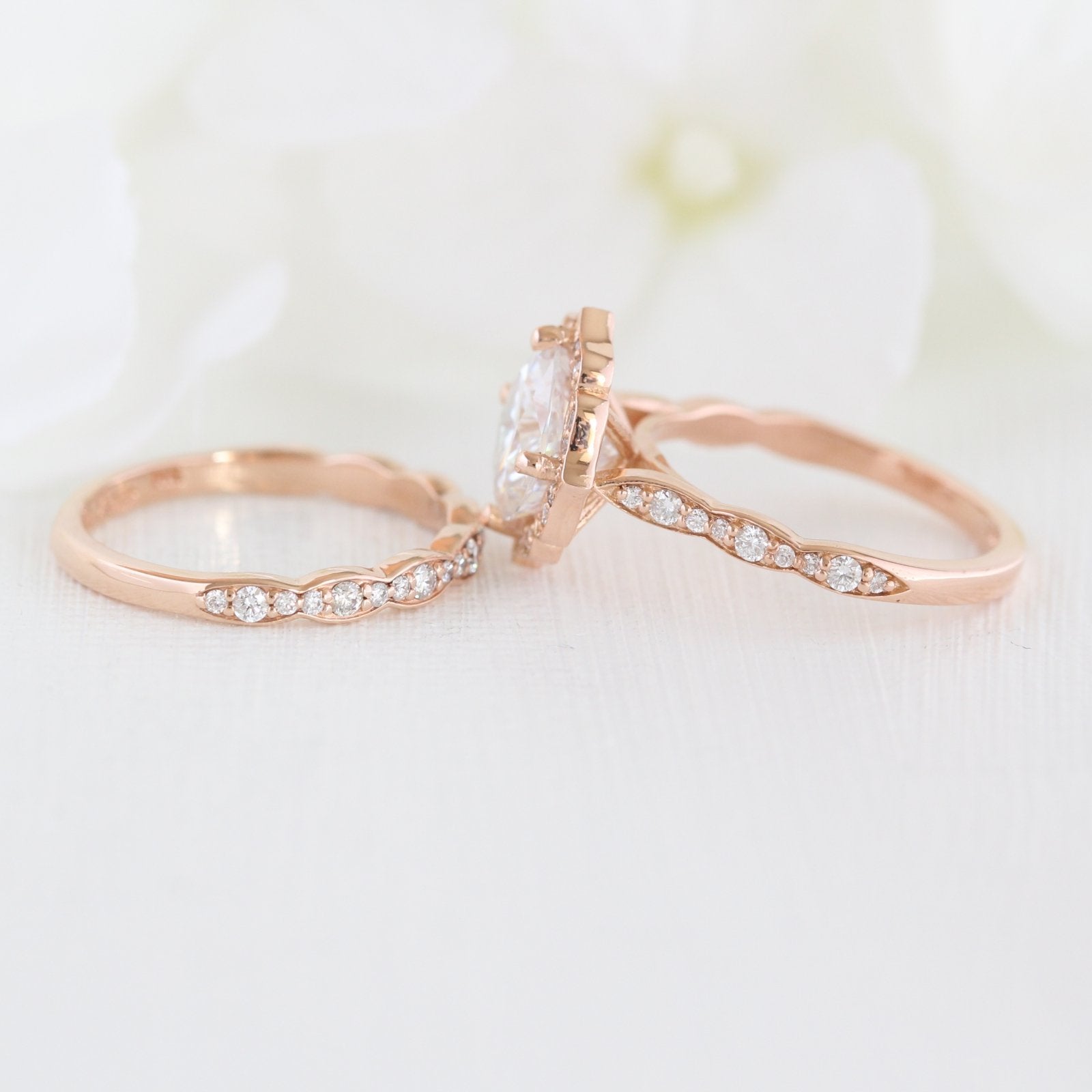vintage inspired moissanite ring bridal set in rose gold diamond band by la more design