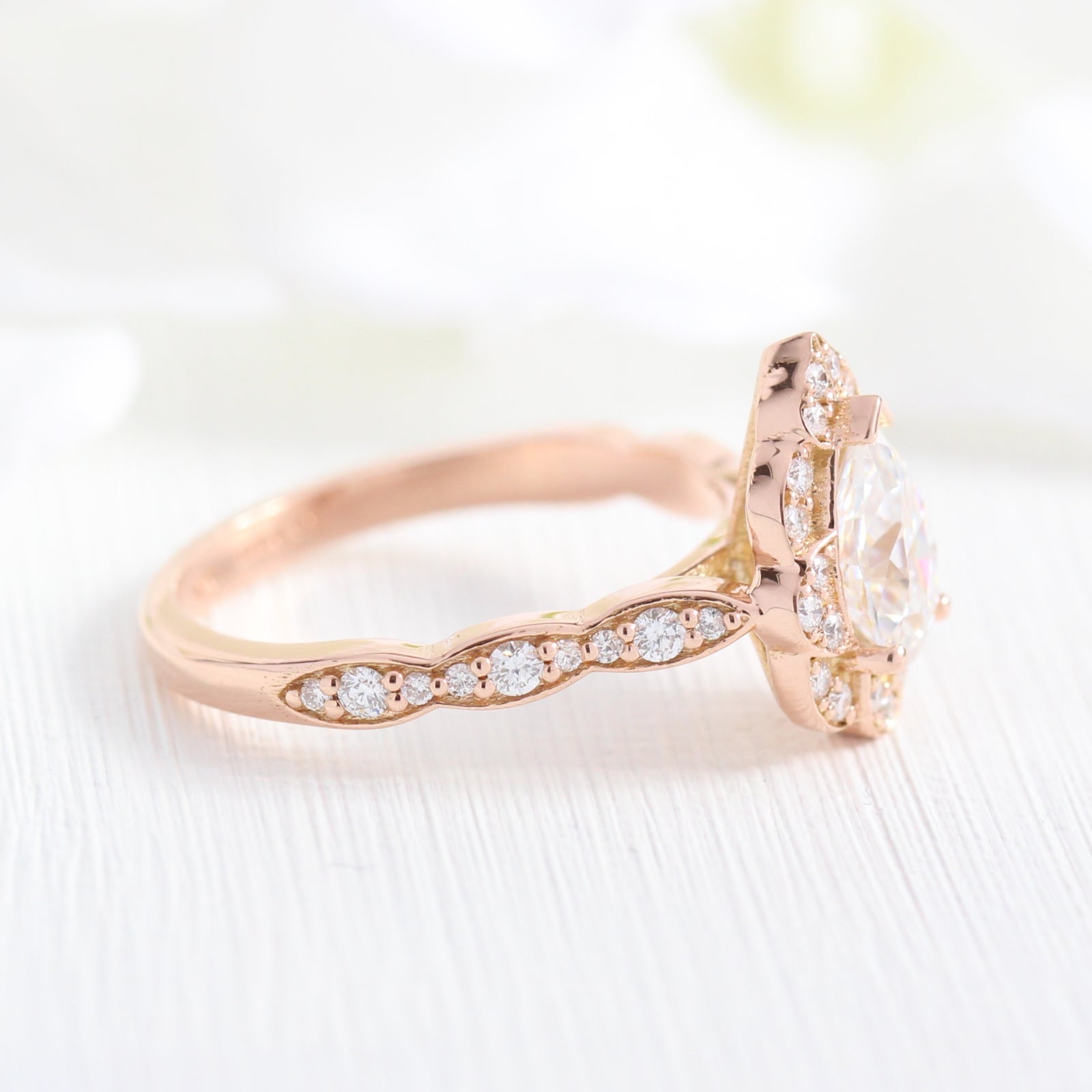 vintage inspired pear moissanite engagement ring in rose gold diamond scalloped band by la more design jewelry