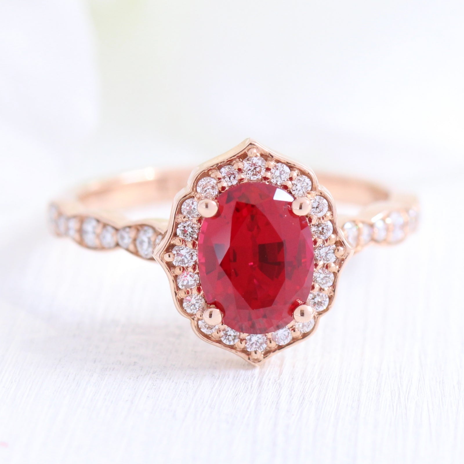vintage style oval ruby engagement ring in rose gold diamond scalloped band by la more design jewelry