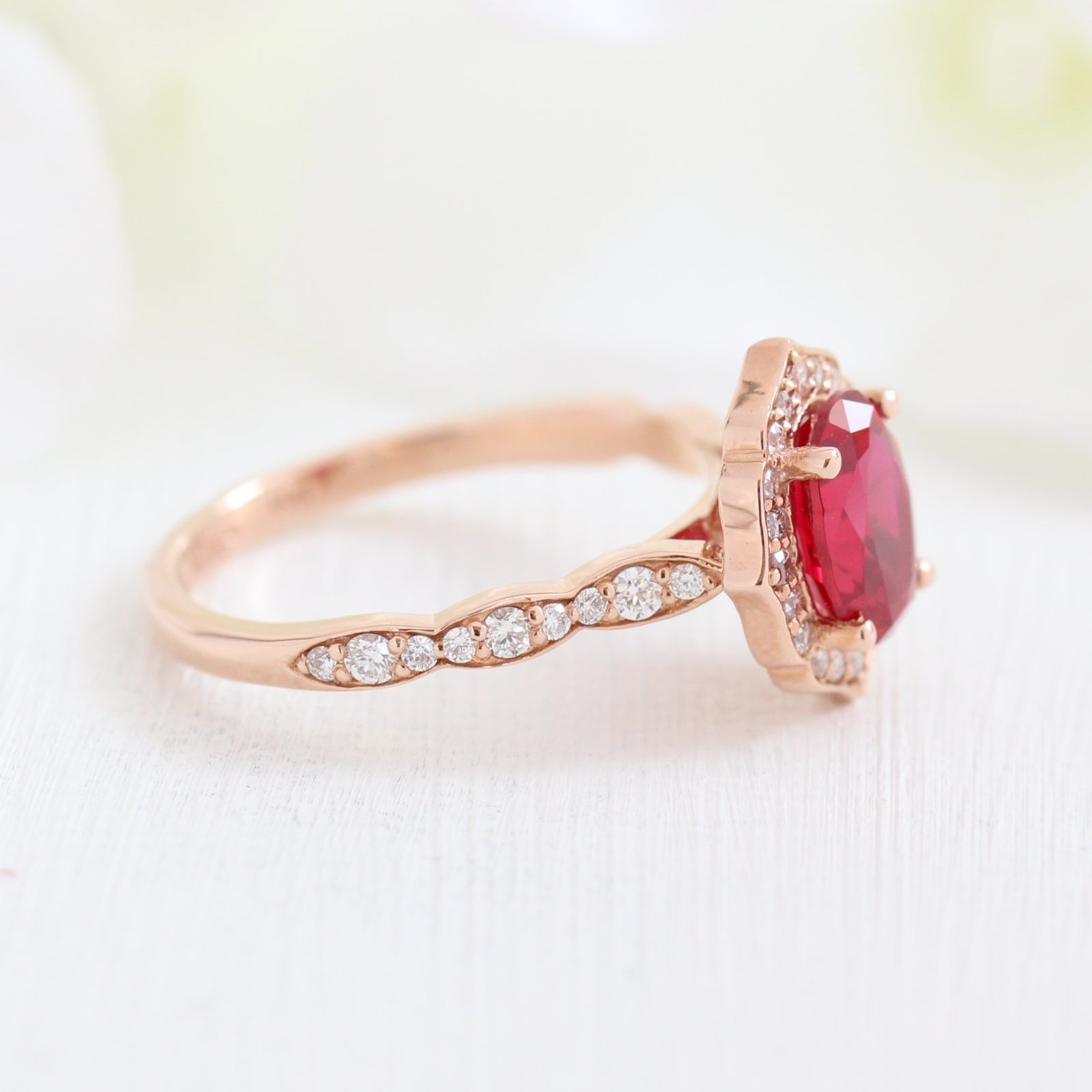 vintage inspired oval ruby engagement ring in rose gold diamond scalloped band by la more design jewelry