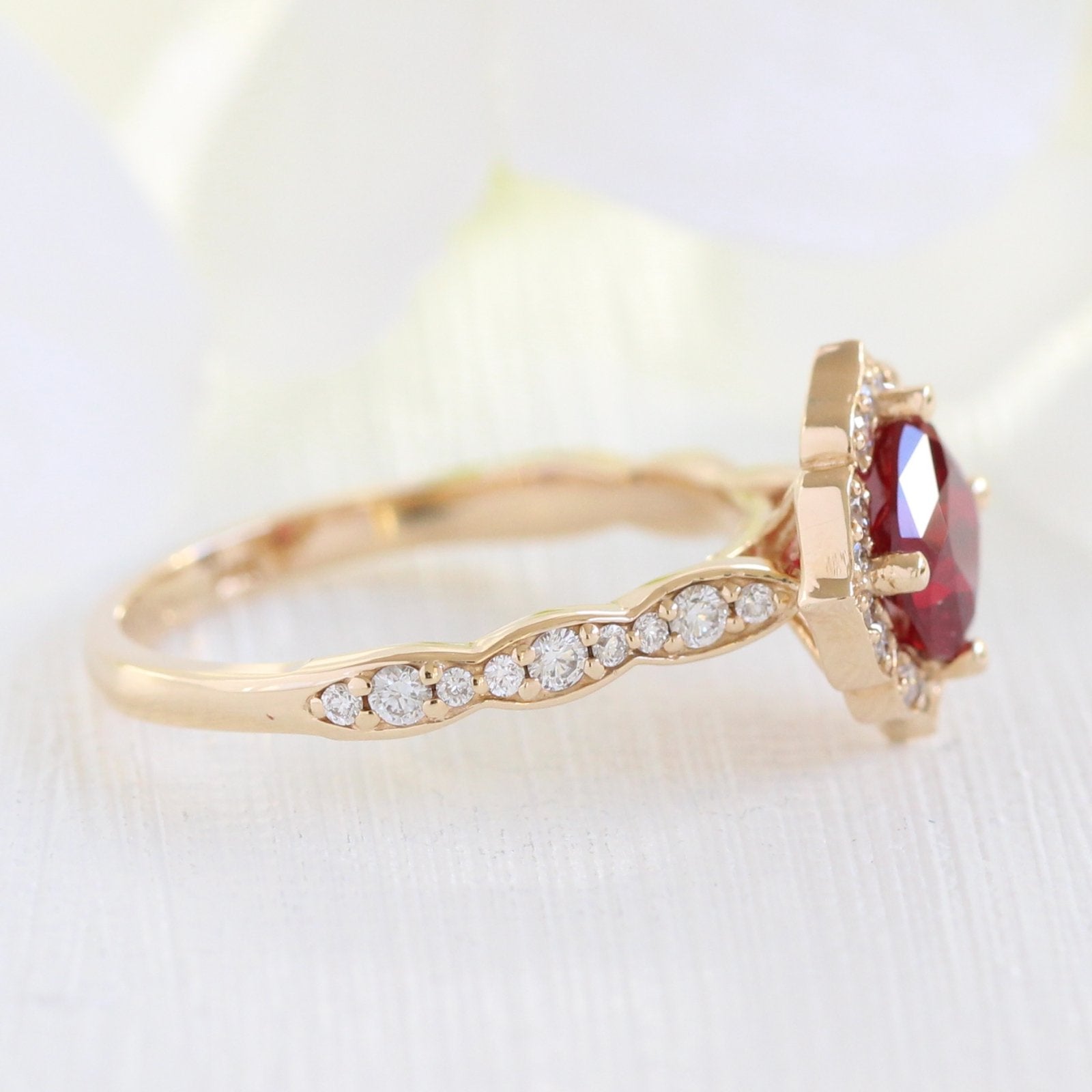 vintage inspired ruby engagement ring in yellow gold diamond band by la more design