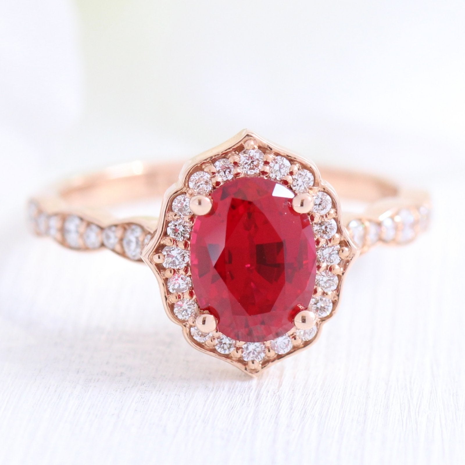 vintage inspired ruby engagement ring in rose gold diamond scalloped band by la more design jewelry