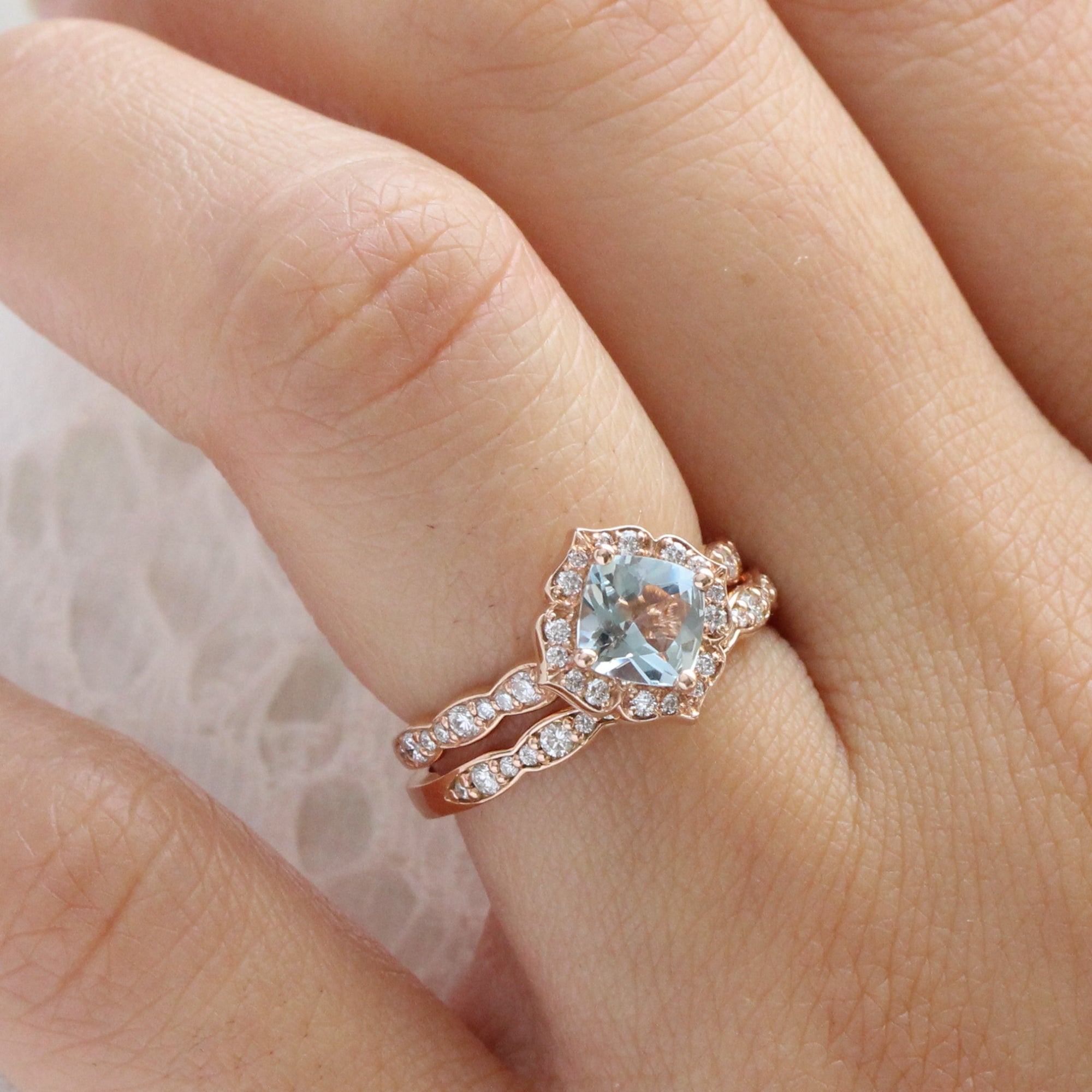 vintage floral aquamarine ring bridal set in rose gold by la more design jewelry