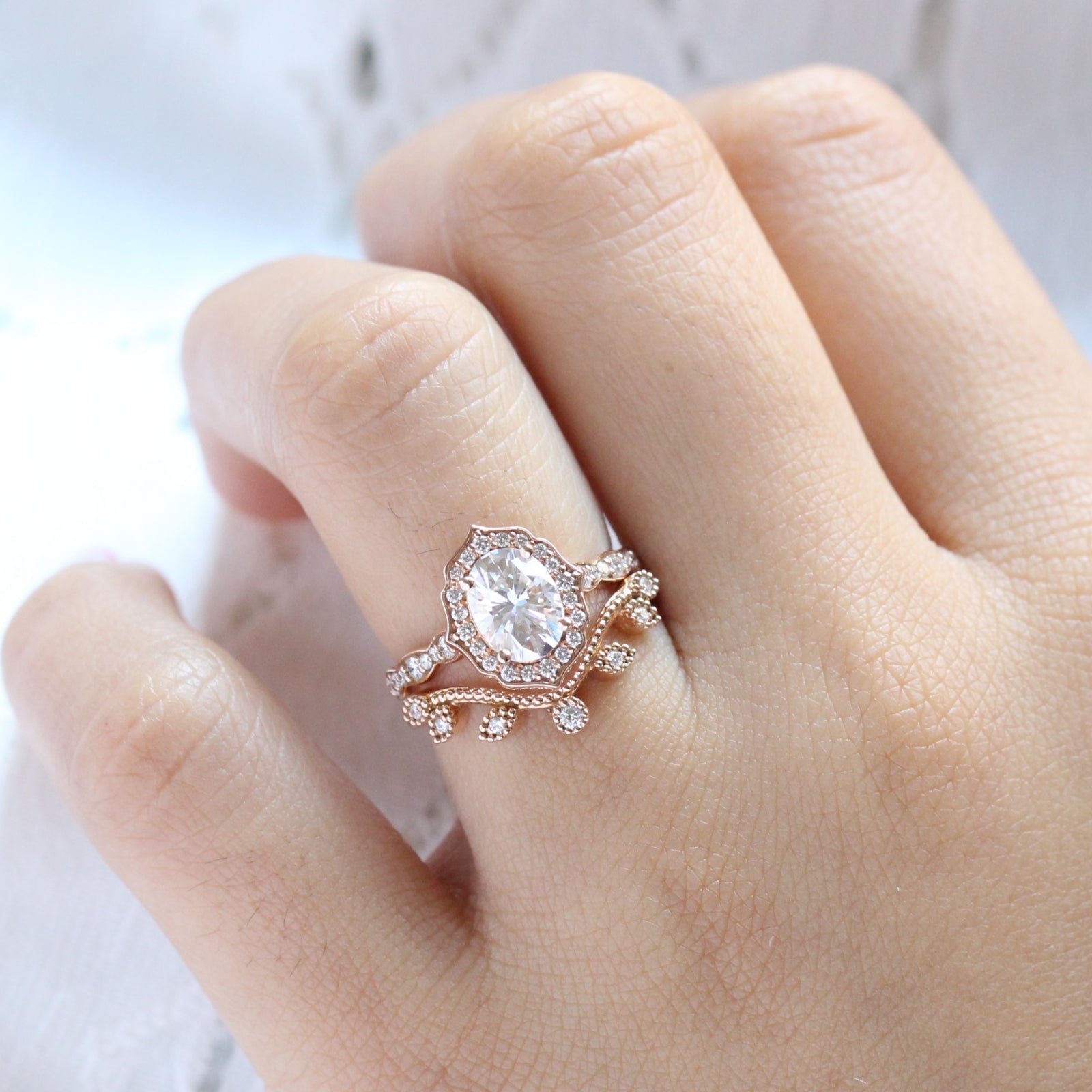 vintage floral diamond moissanite ring set rose gold curved leaf wedding band la more design jewelry