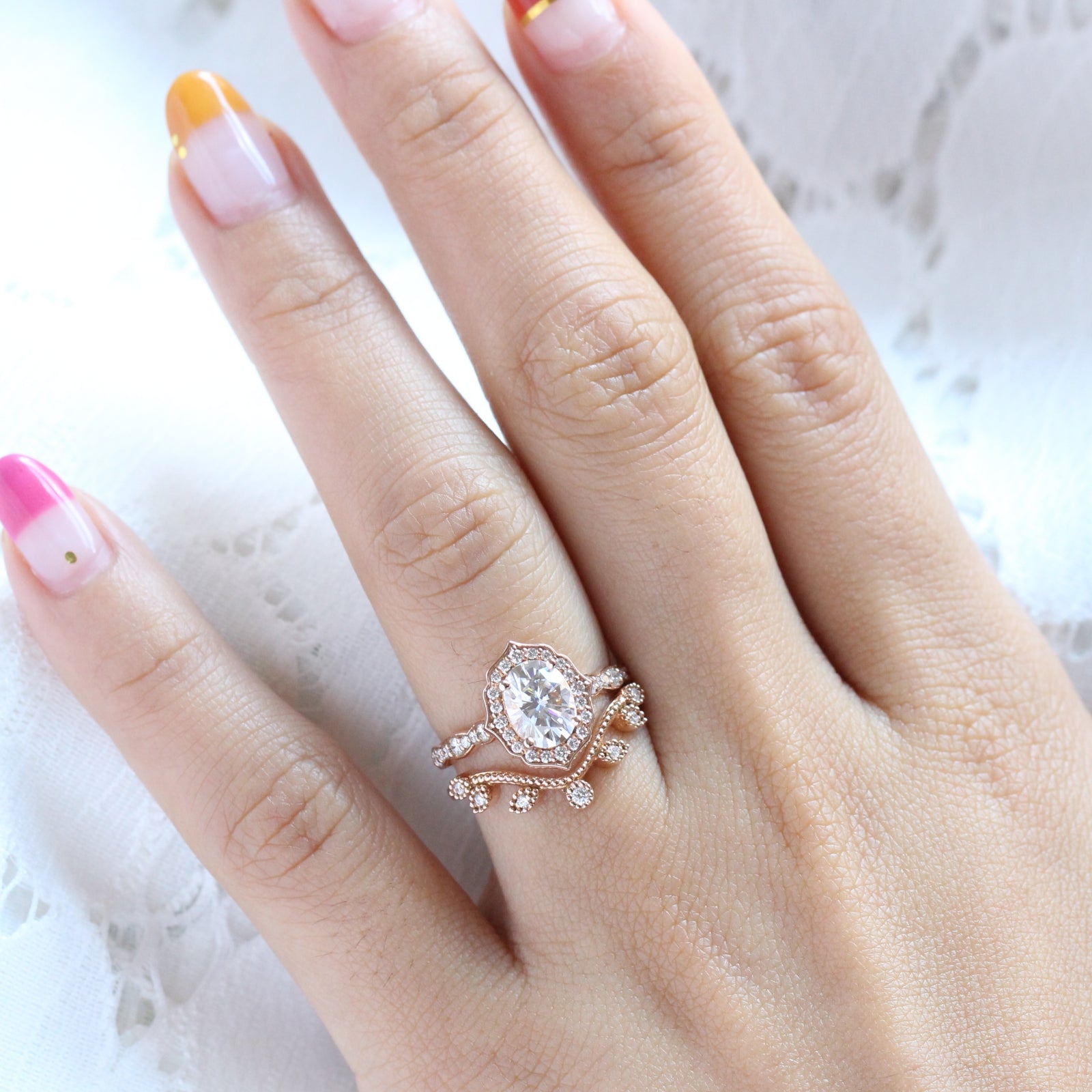 vintage floral diamond moissanite ring set rose gold curved leaf wedding band la more design jewelry