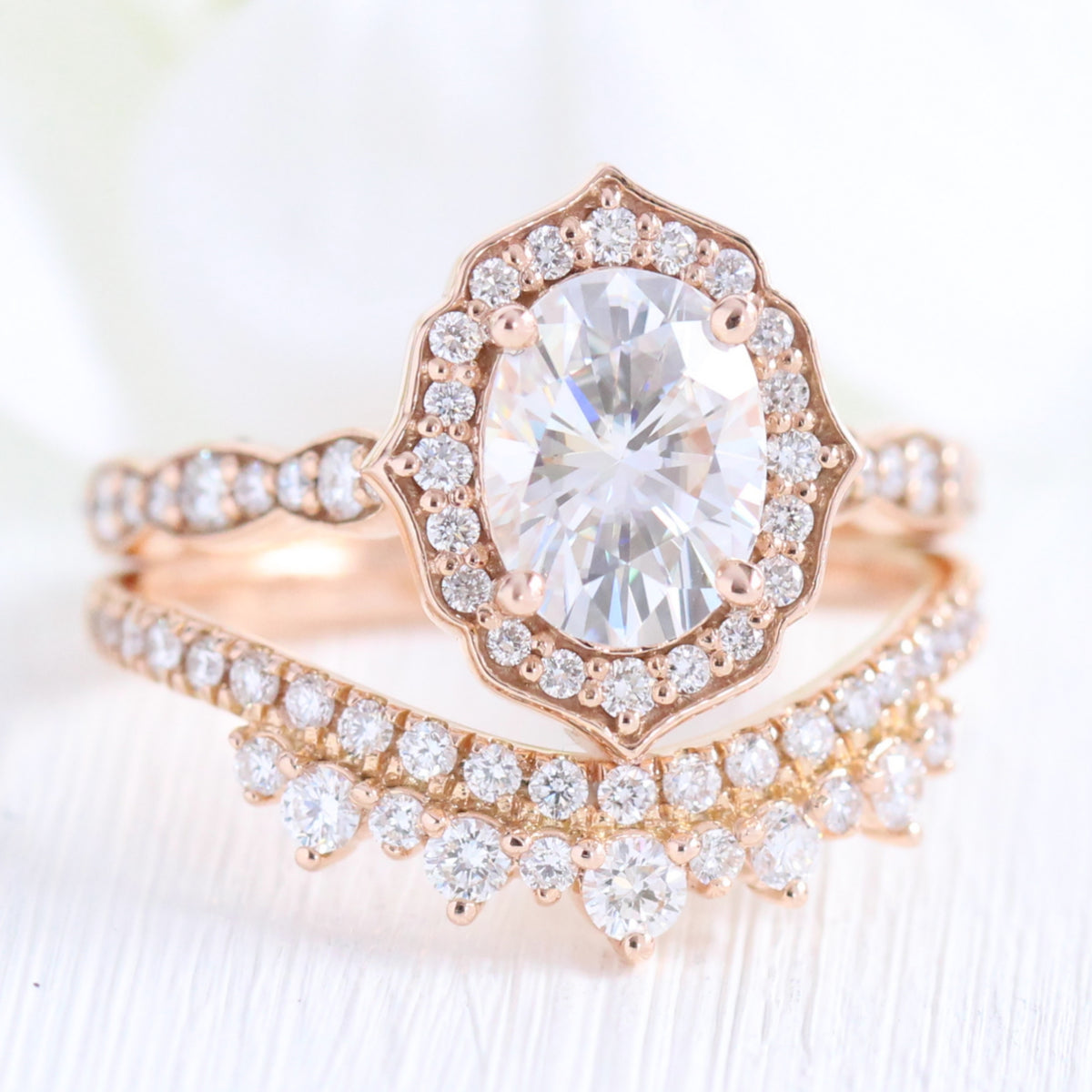 vintage floral moissanite ring bridal set rose gold crown diamond wedding band la more design jewelry