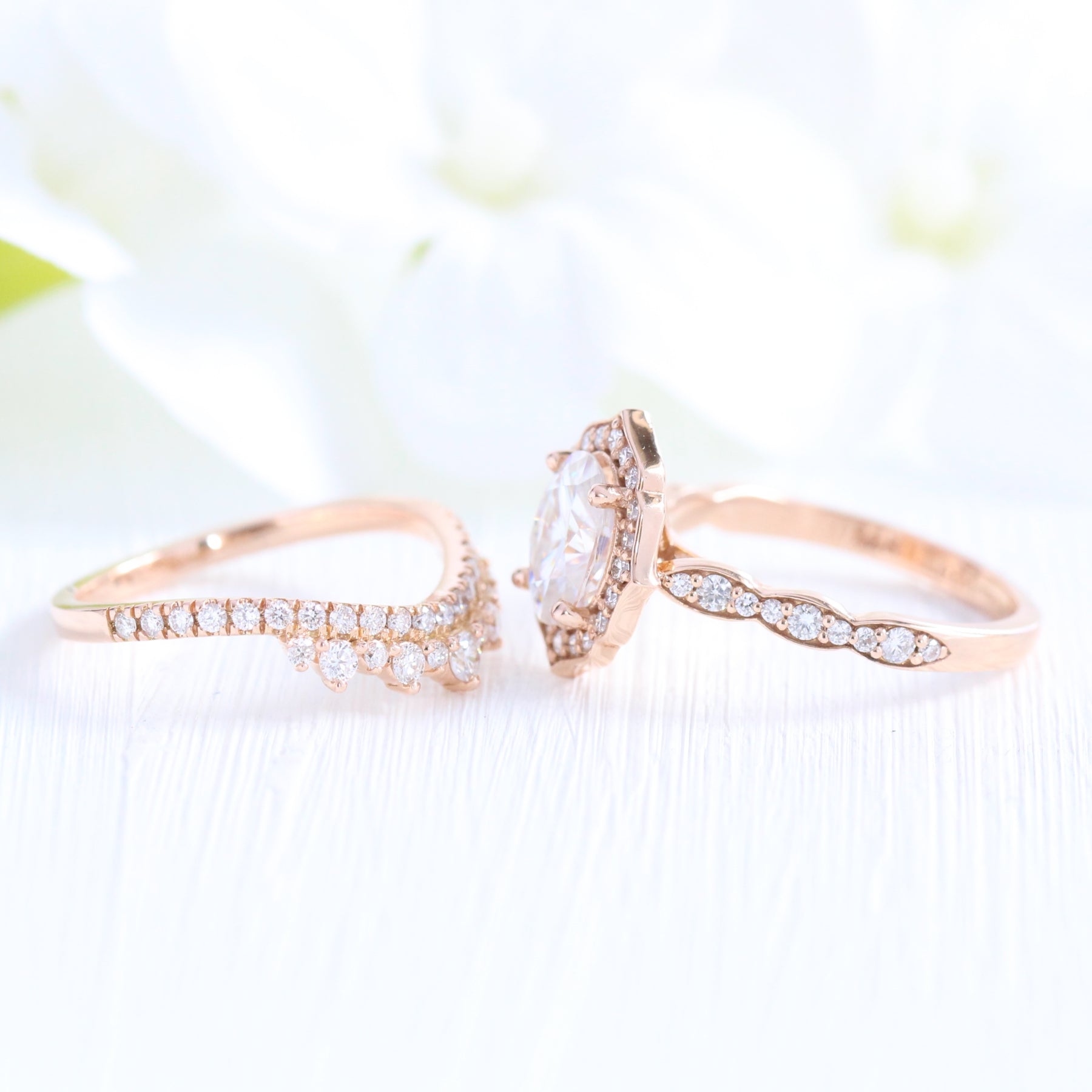 vintage floral moissanite ring bridal set rose gold crown diamond wedding band la more design jewelry