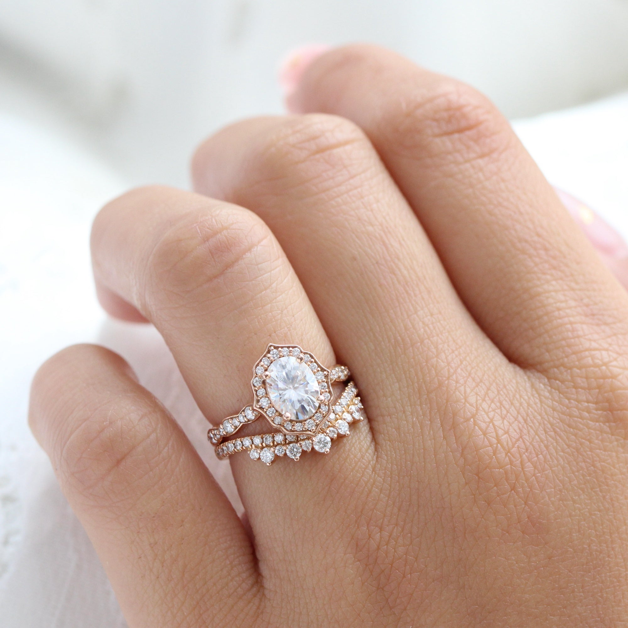 vintage floral moissanite ring bridal set rose gold crown diamond wedding band la more design jewelry