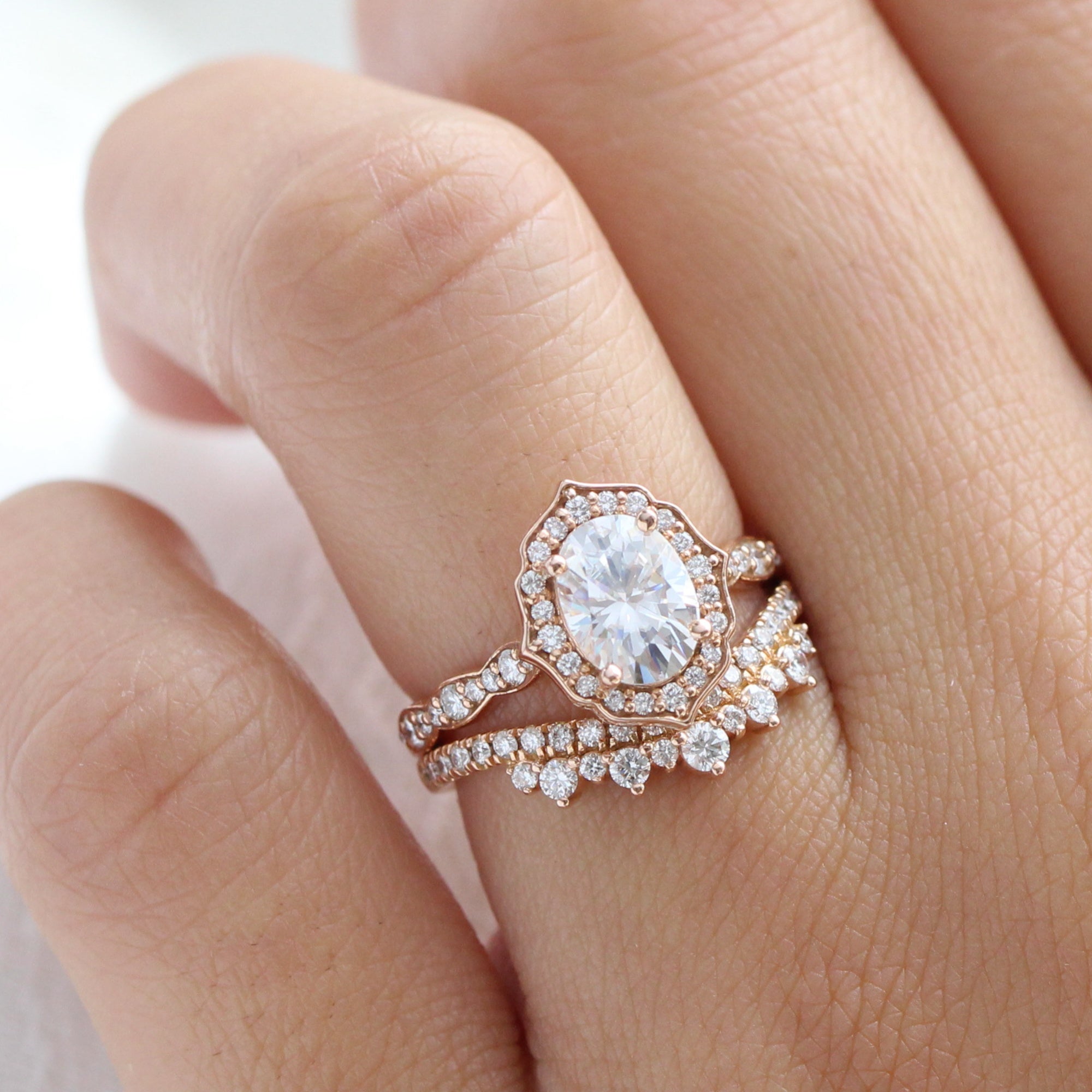 vintage floral moissanite ring bridal set rose gold crown diamond wedding band la more design jewelry