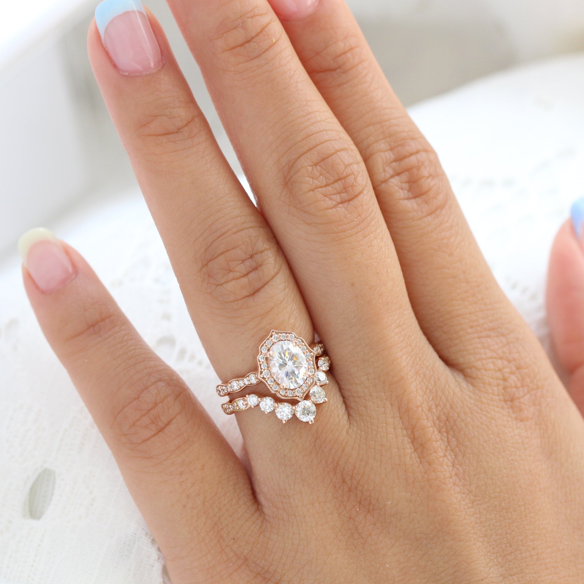 vintage floral moissanite ring bridal set rose gold large diamond curved wedding band la more design jewelry