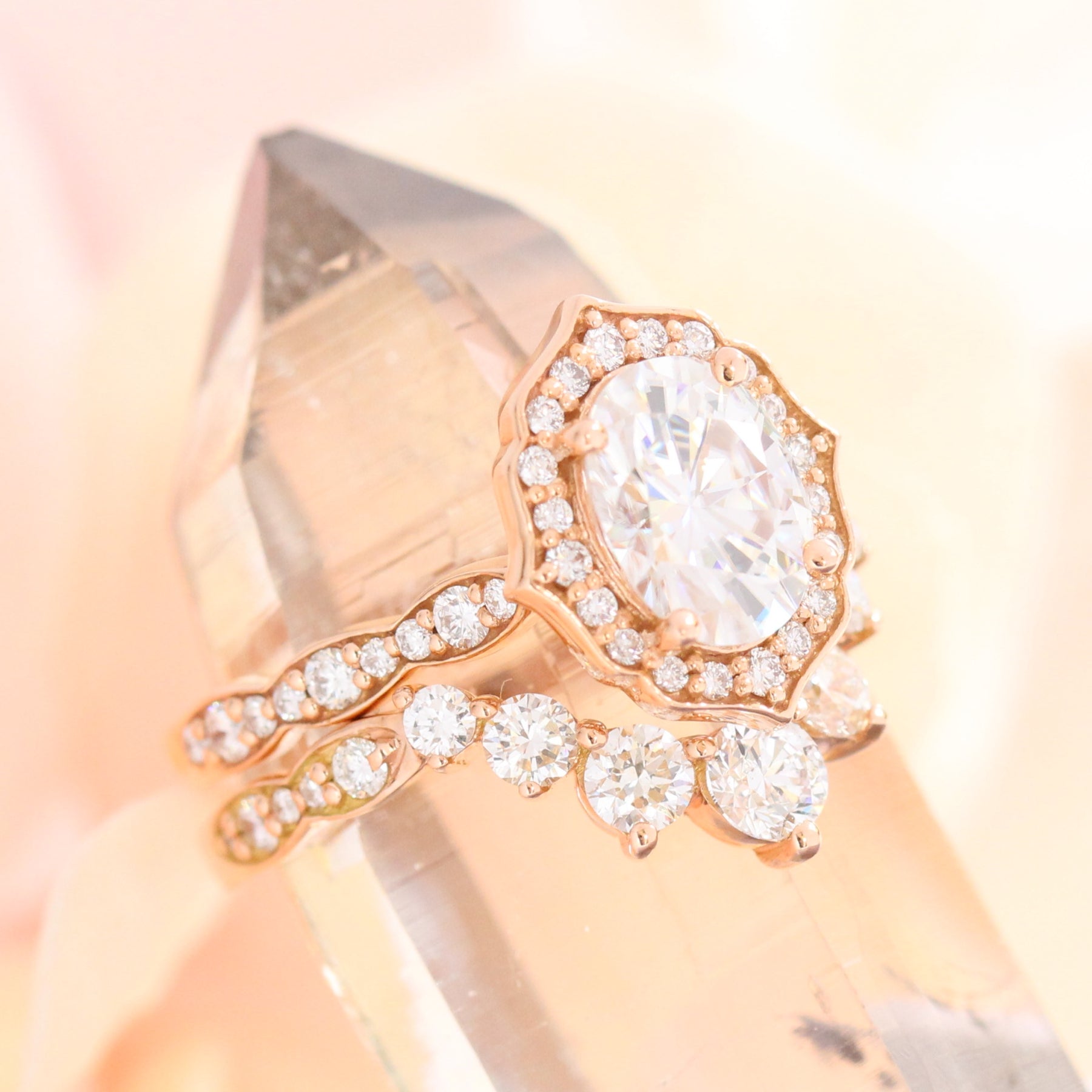 vintage floral moissanite ring bridal set rose gold large diamond curved wedding band la more design jewelry