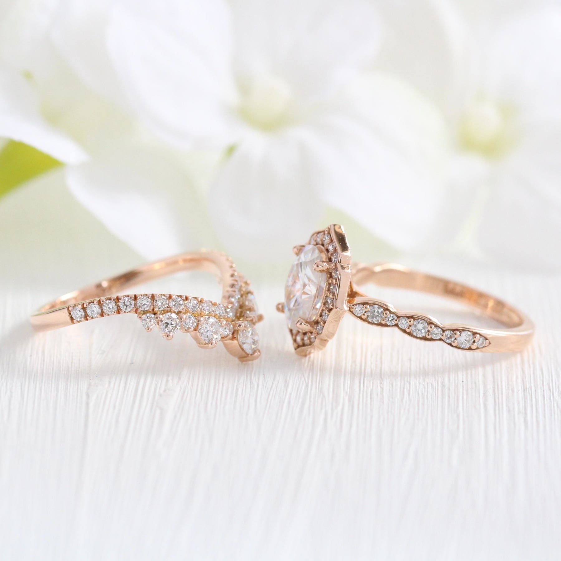 vintage floral moissanite ring bridal set rose gold large diamond v shaped wedding band la more design jewelry