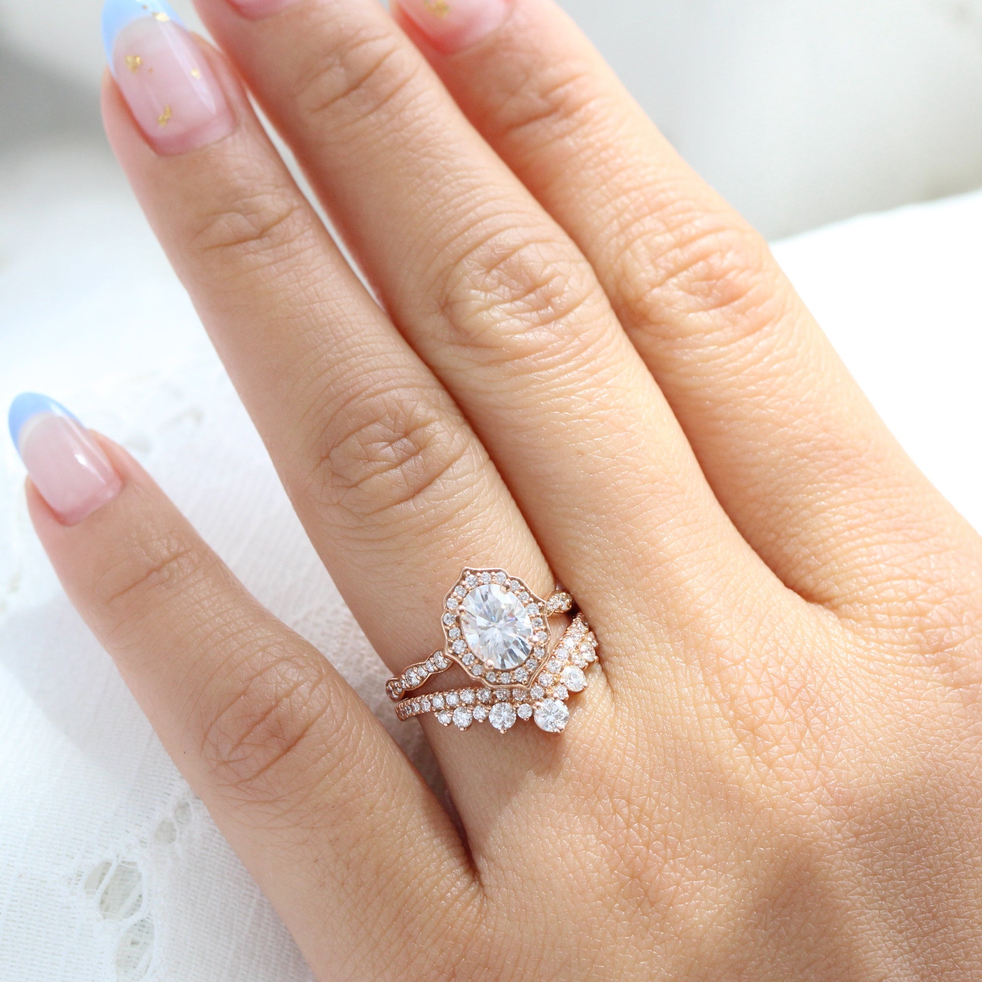 vintage floral moissanite ring bridal set rose gold large diamond v shaped wedding band la more design jewelry