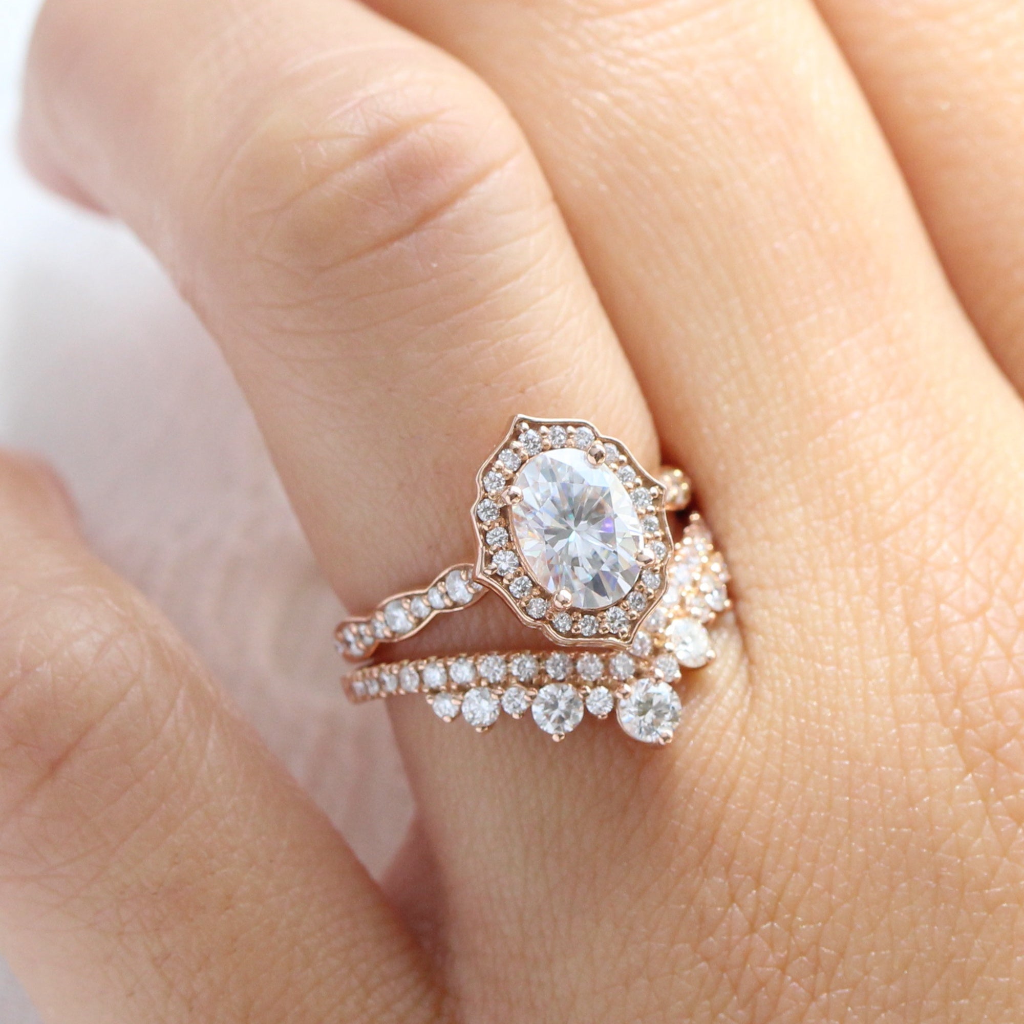vintage floral moissanite ring bridal set rose gold large diamond v shaped wedding band la more design jewelry