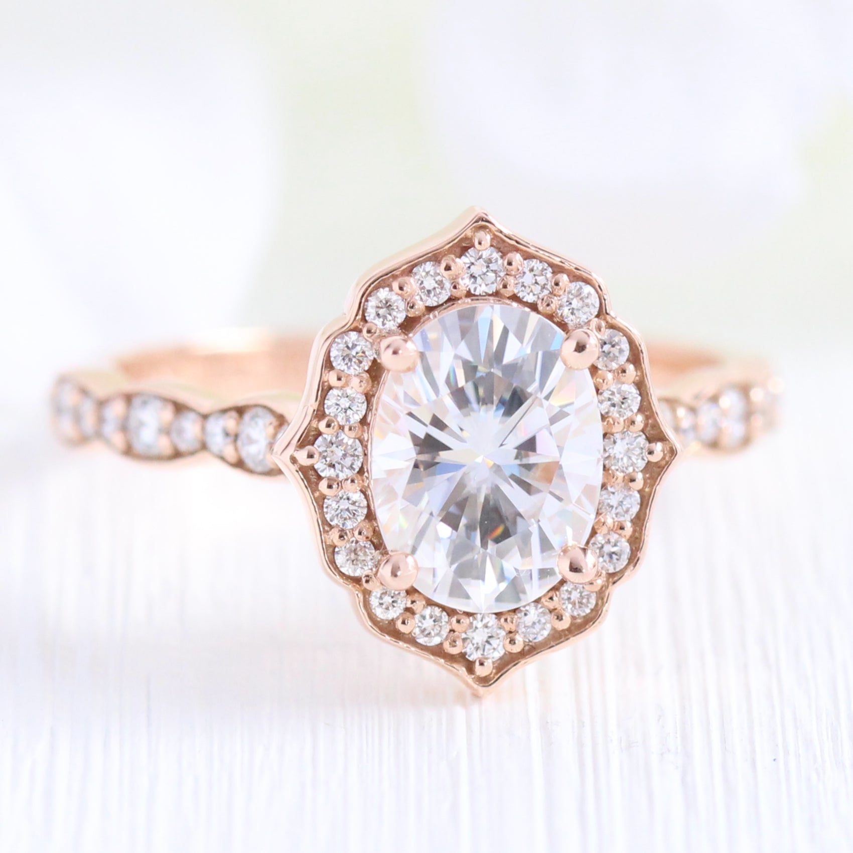 vintage floral oval moissanite engagement ring rose gold scalloped diamond band by la more design jewelry