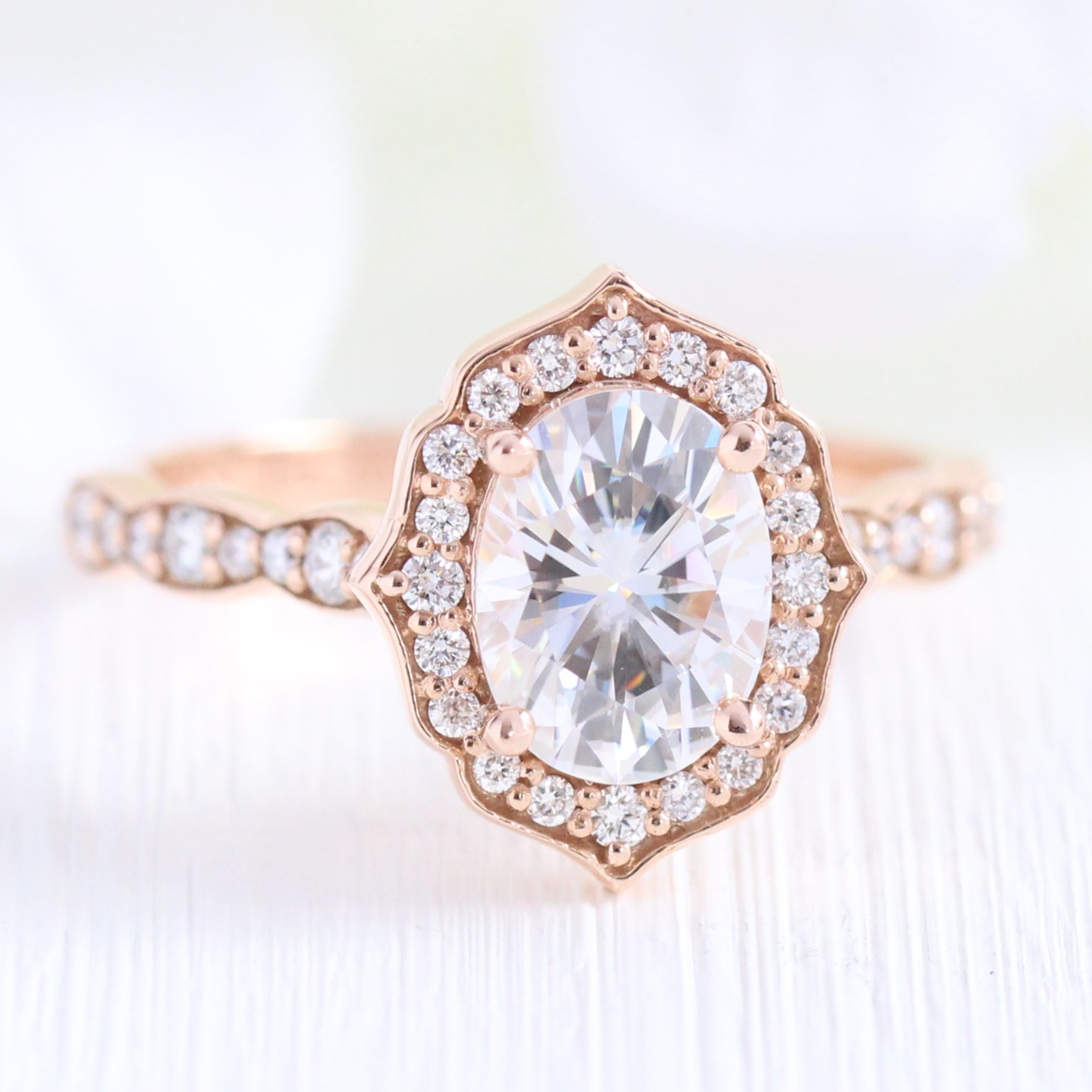 vintage floral oval moissanite engagement ring rose gold scalloped diamond band by la more design jewelry 