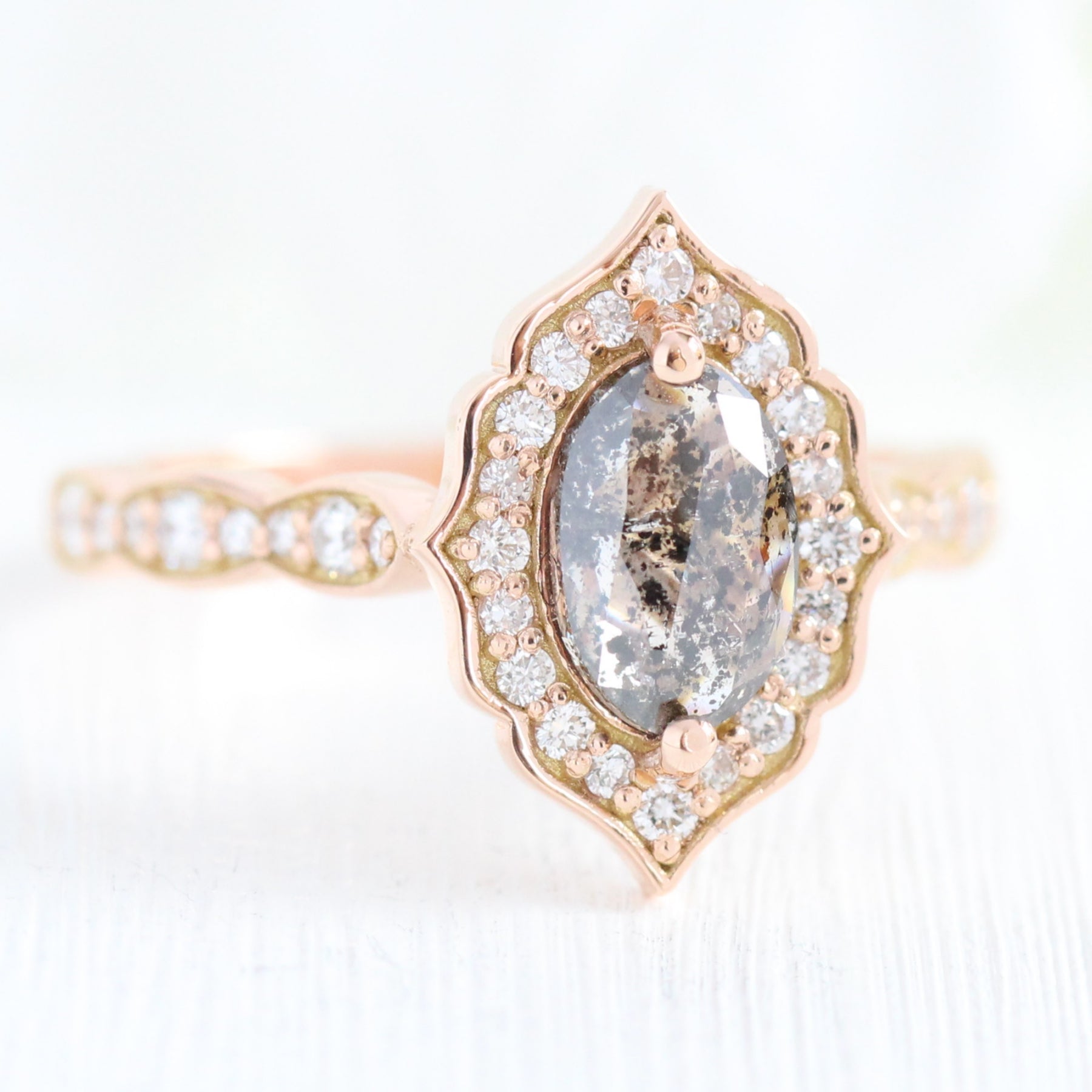 vintage floral salt and pepper diamond ring rose gold marquise ring la more design jewelry