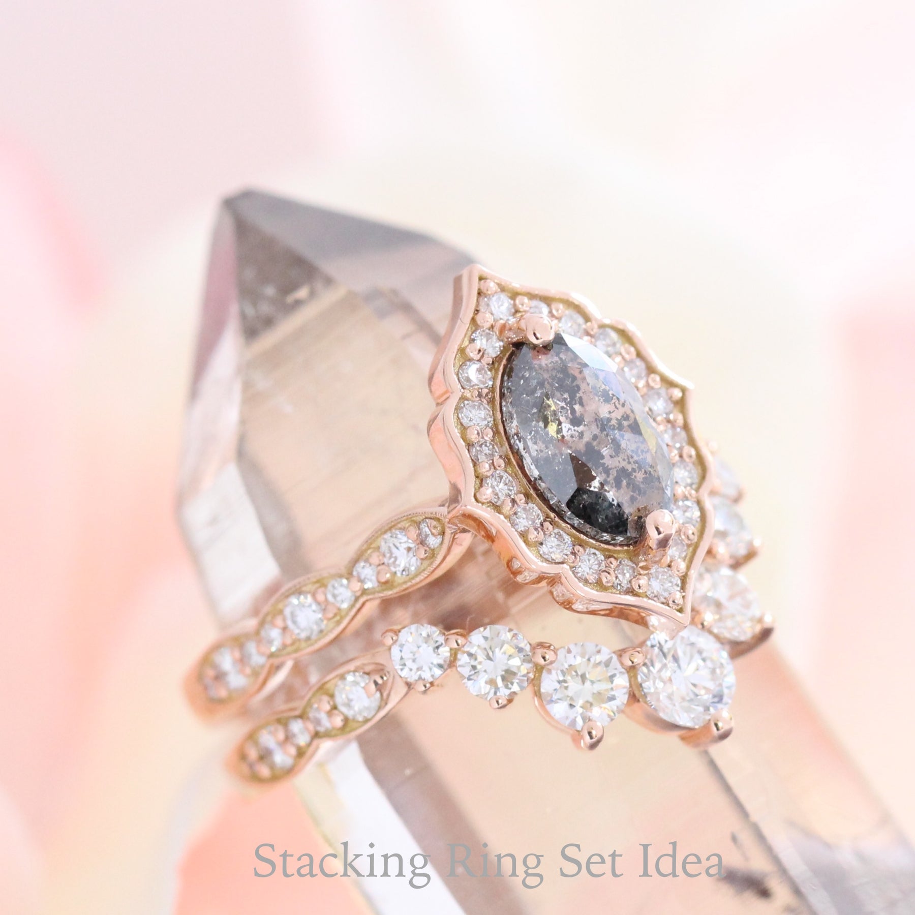vintage floral salt and pepper diamond ring rose gold marquise ring la more design jewelry