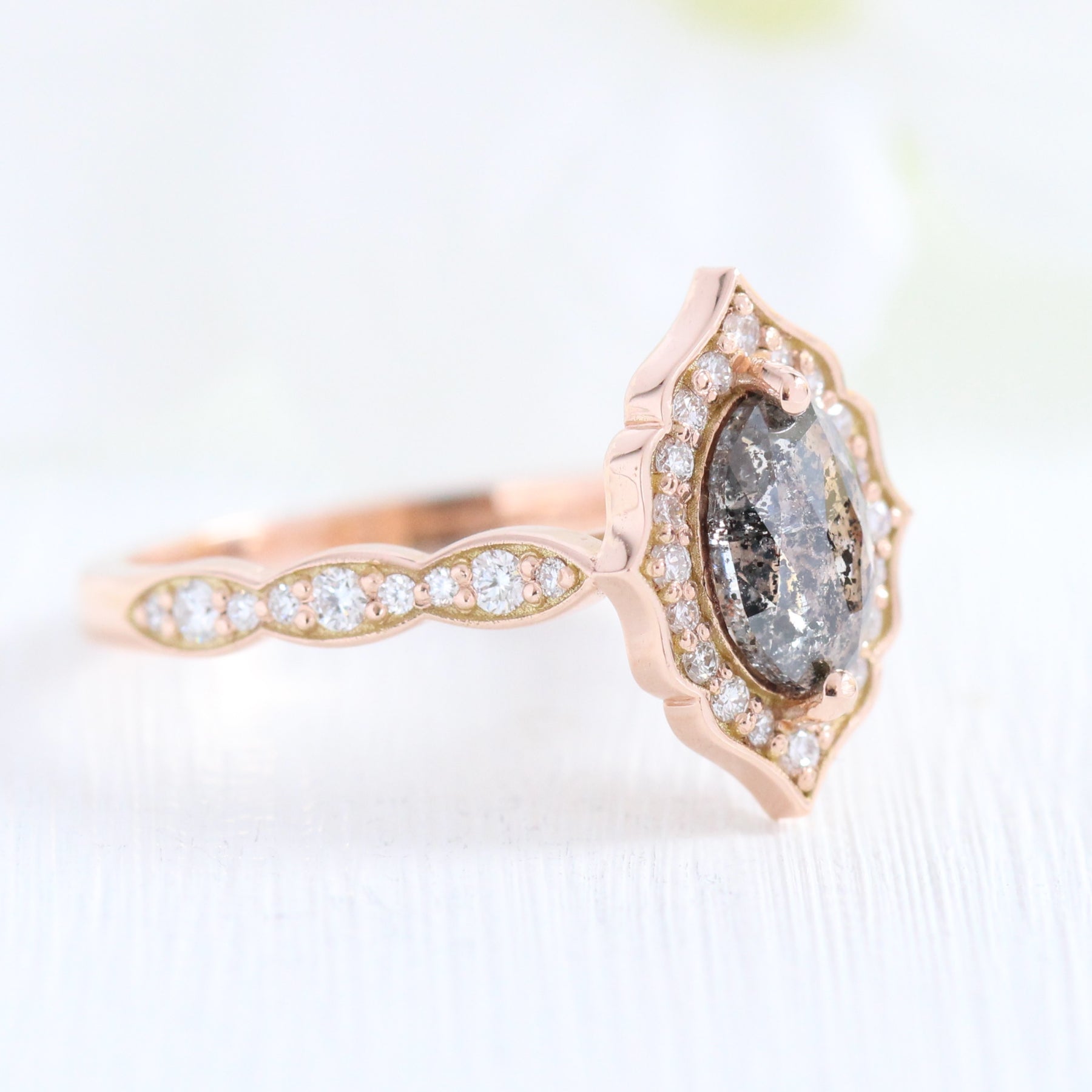 vintage floral salt and pepper diamond ring rose gold marquise ring la more design jewelry