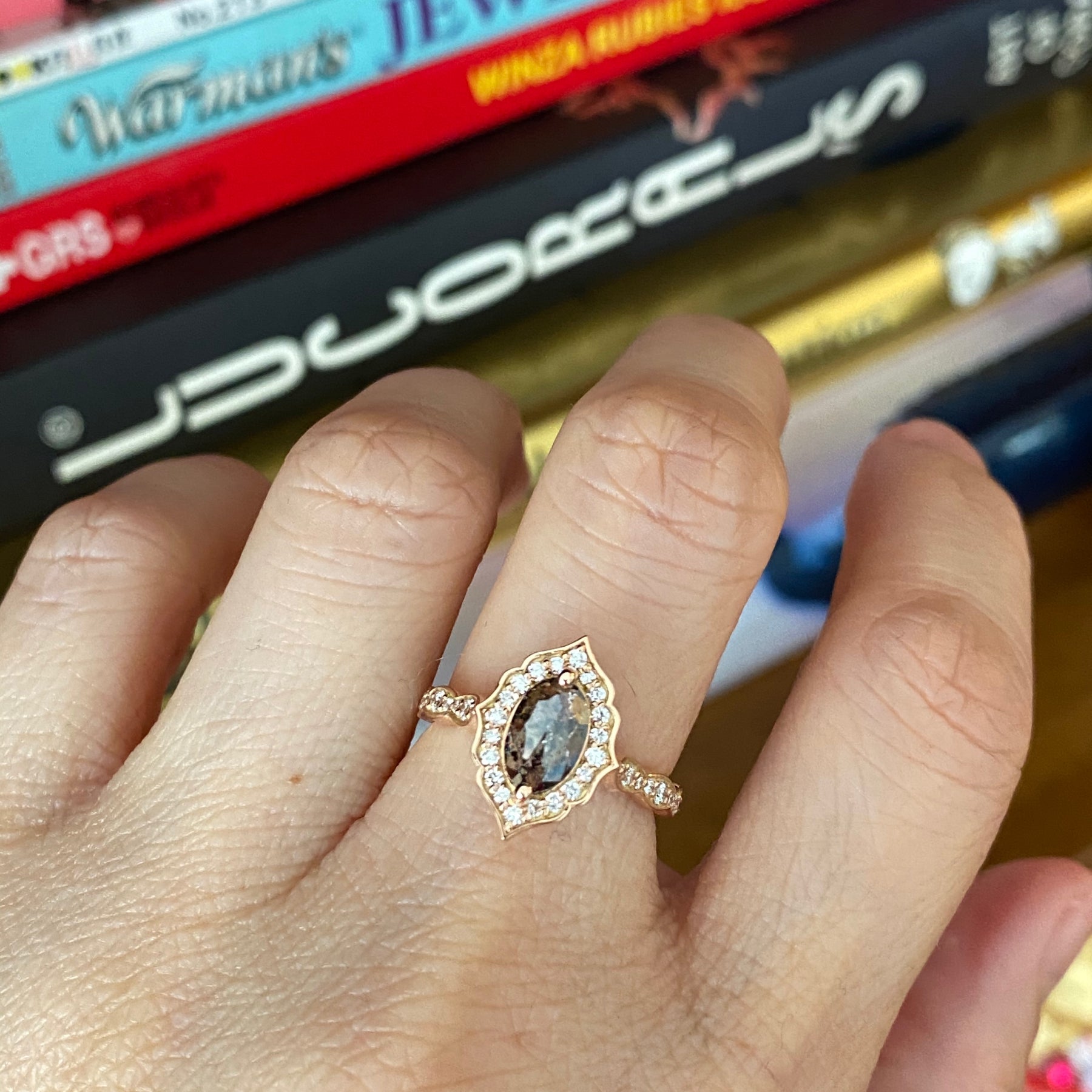 vintage floral salt and pepper diamond ring rose gold marquise ring la more design jewelry