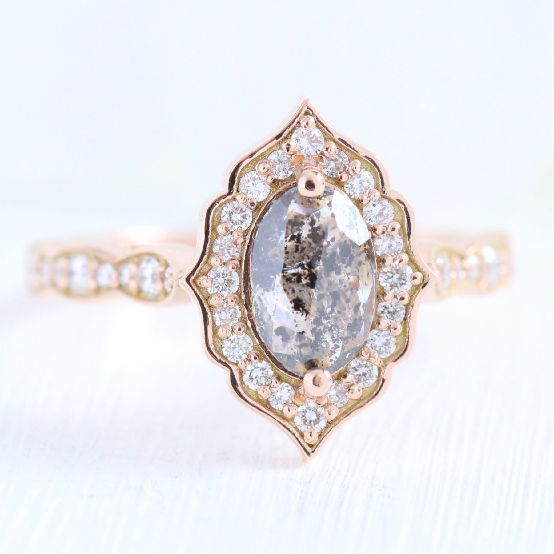 vintage floral salt and pepper diamond ring rose gold marquise ring la more design jewelry