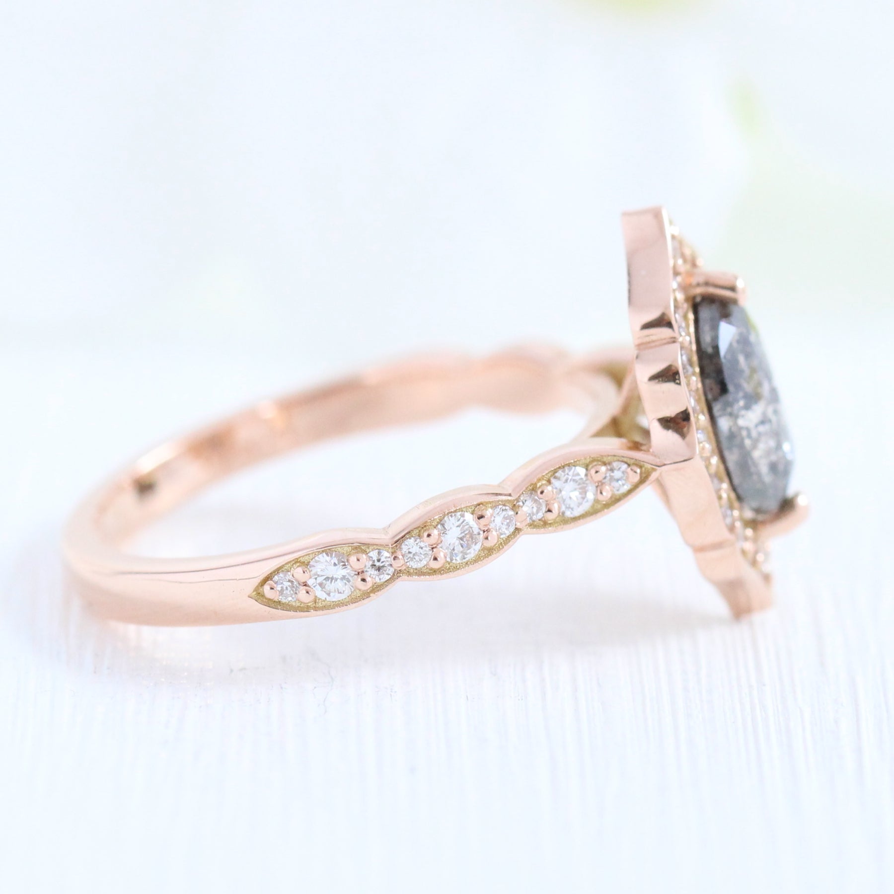 vintage floral salt and pepper diamond ring rose gold marquise ring la more design jewelry