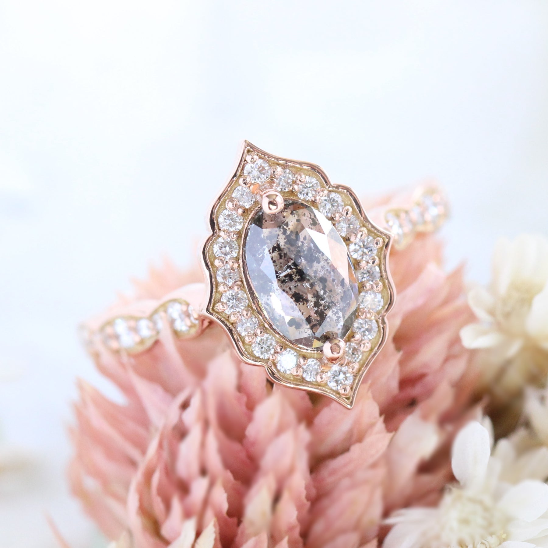 vintage floral salt and pepper diamond ring rose gold marquise ring la more design jewelry
