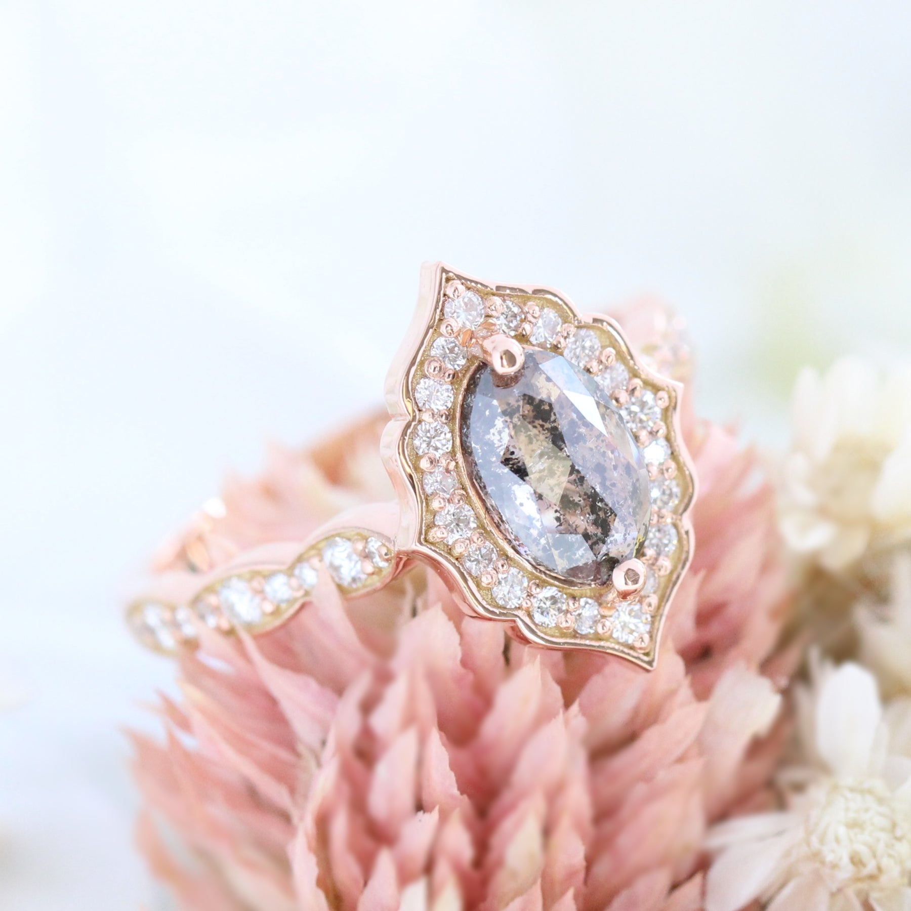 vintage floral salt and pepper diamond ring rose gold marquise ring la more design jewelry