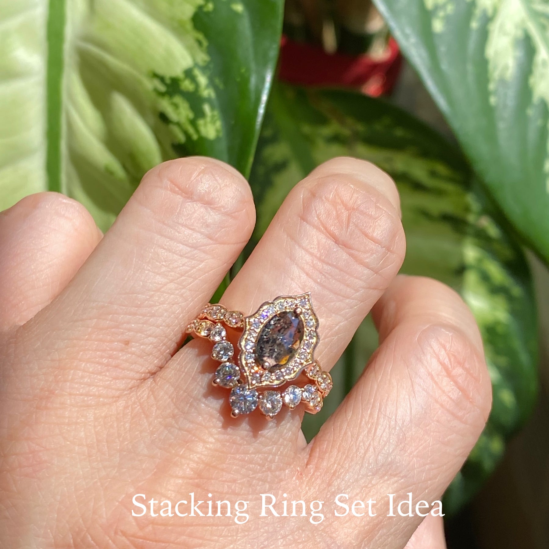 vintage floral salt and pepper diamond ring rose gold marquise ring la more design jewelry