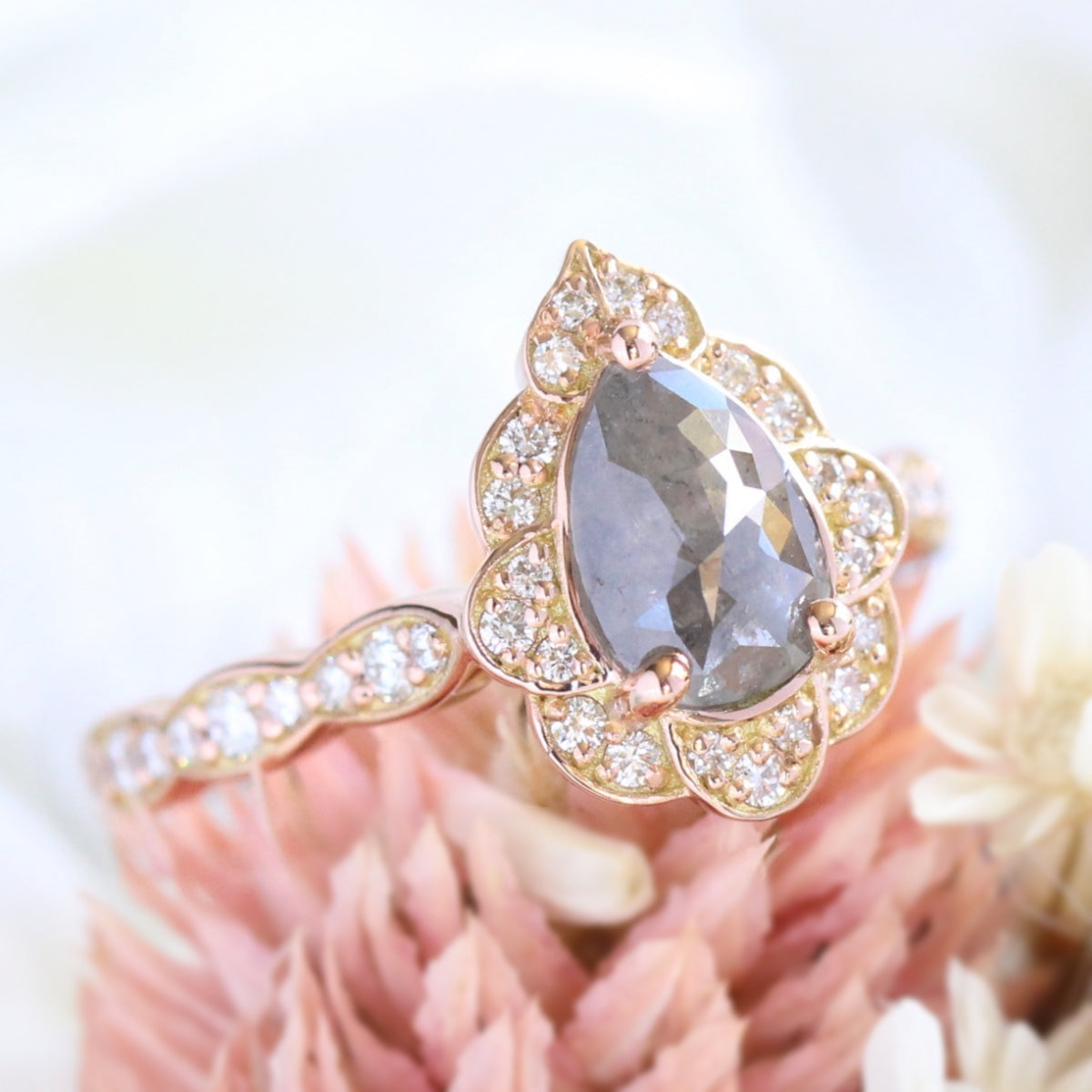vintage floral salt and pepper diamond ring rose gold pear cut ring la more design jewelry