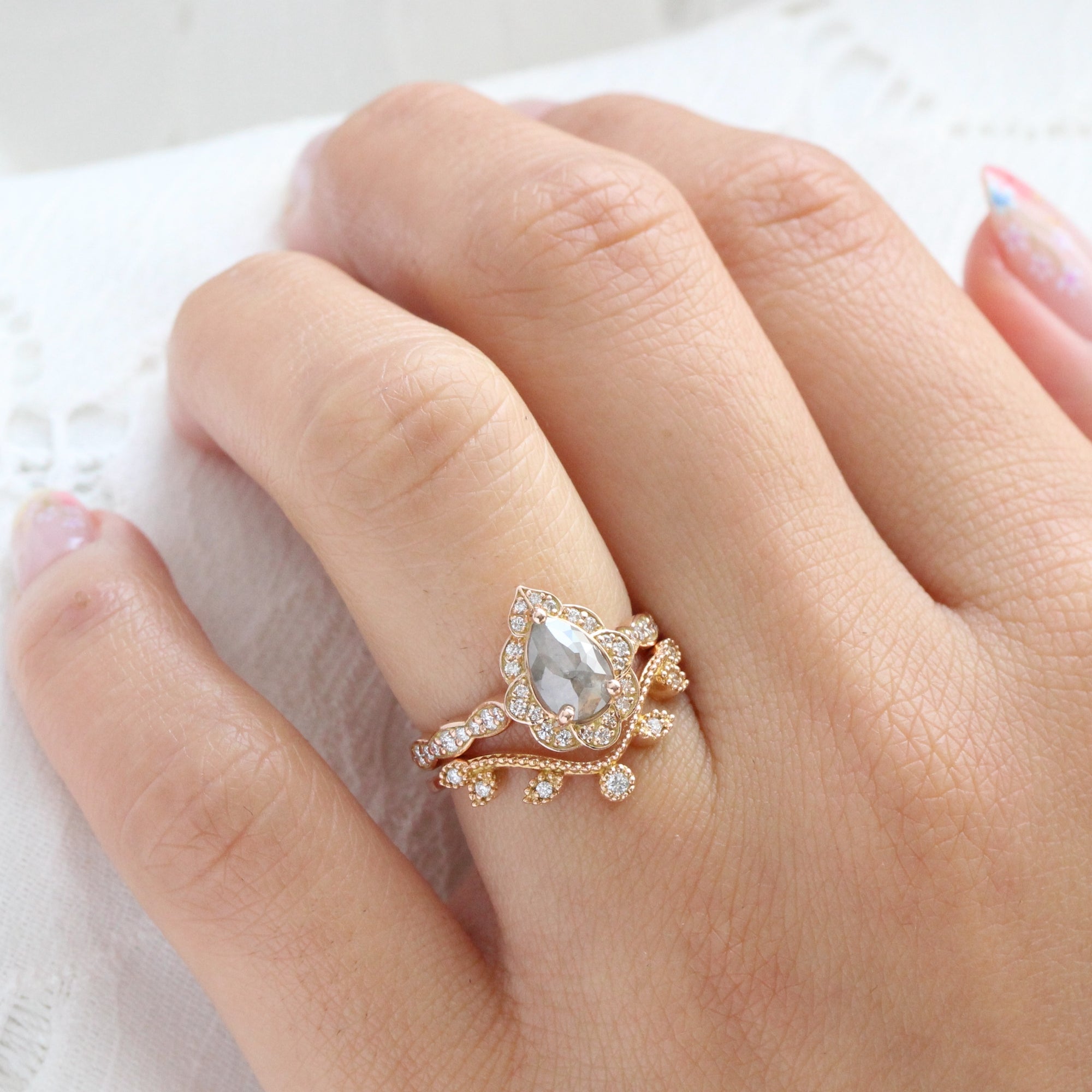 vintage floral salt and pepper diamond ring rose gold pear cut ring la more design jewelry