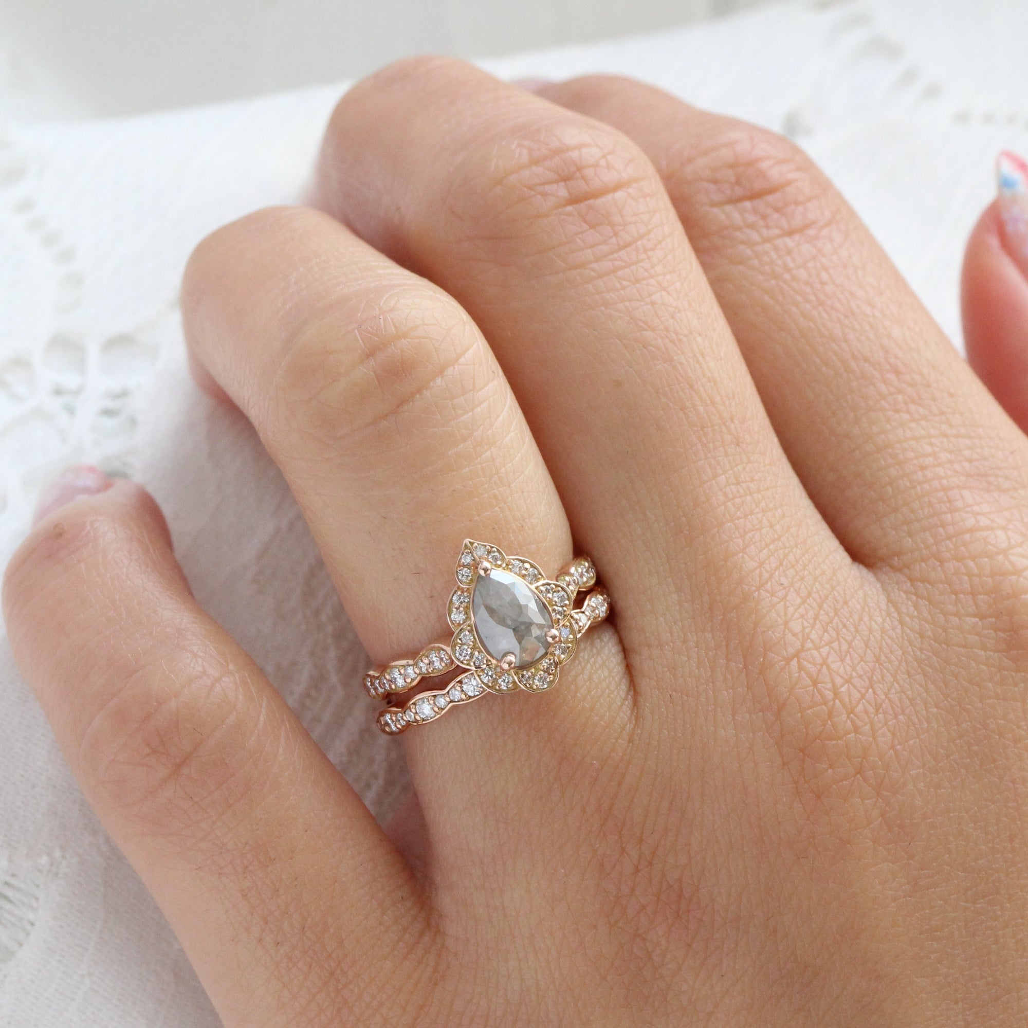 vintage floral salt and pepper diamond ring rose gold pear cut ring la more design jewelry