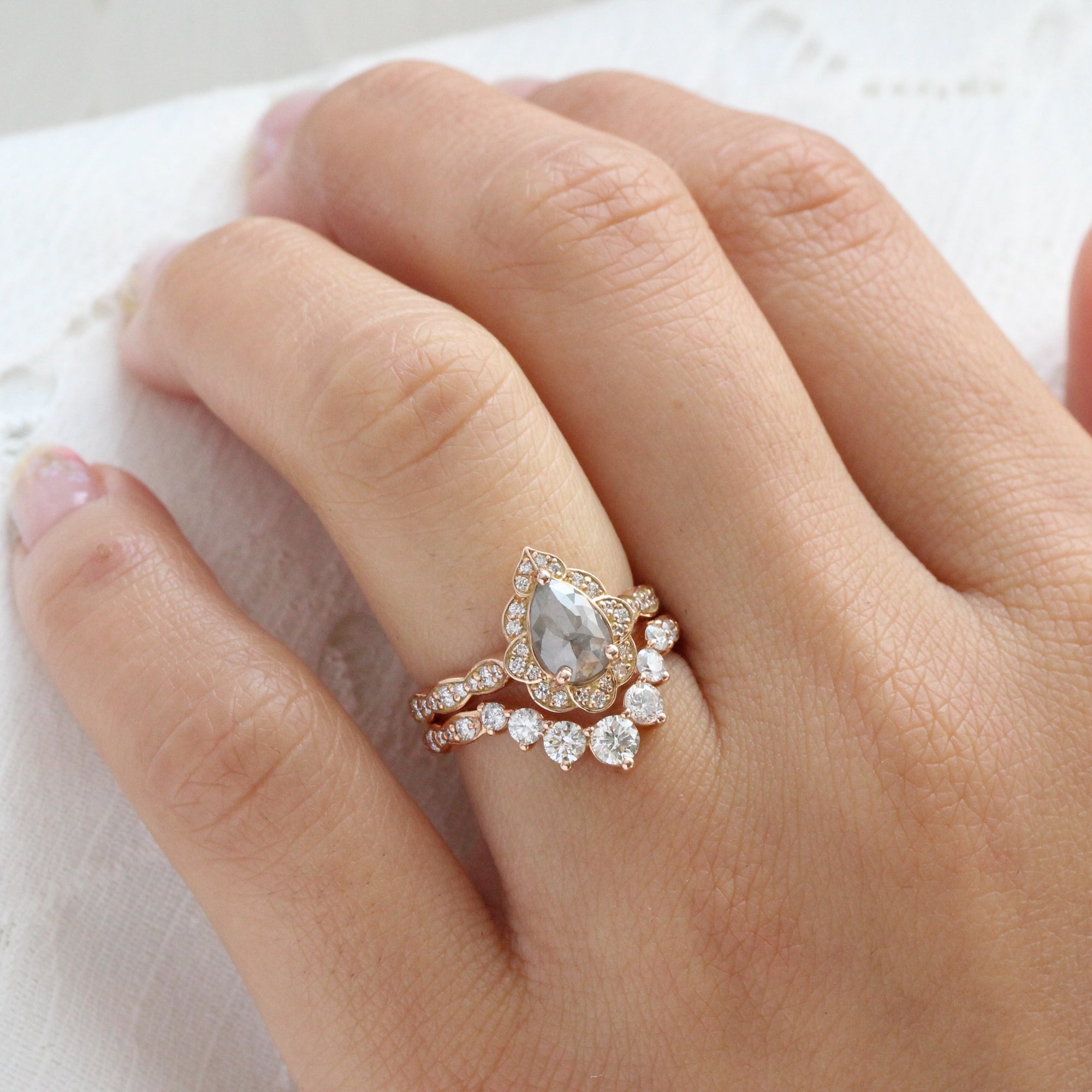 vintage floral salt and pepper diamond ring rose gold pear cut ring la more design jewelry
