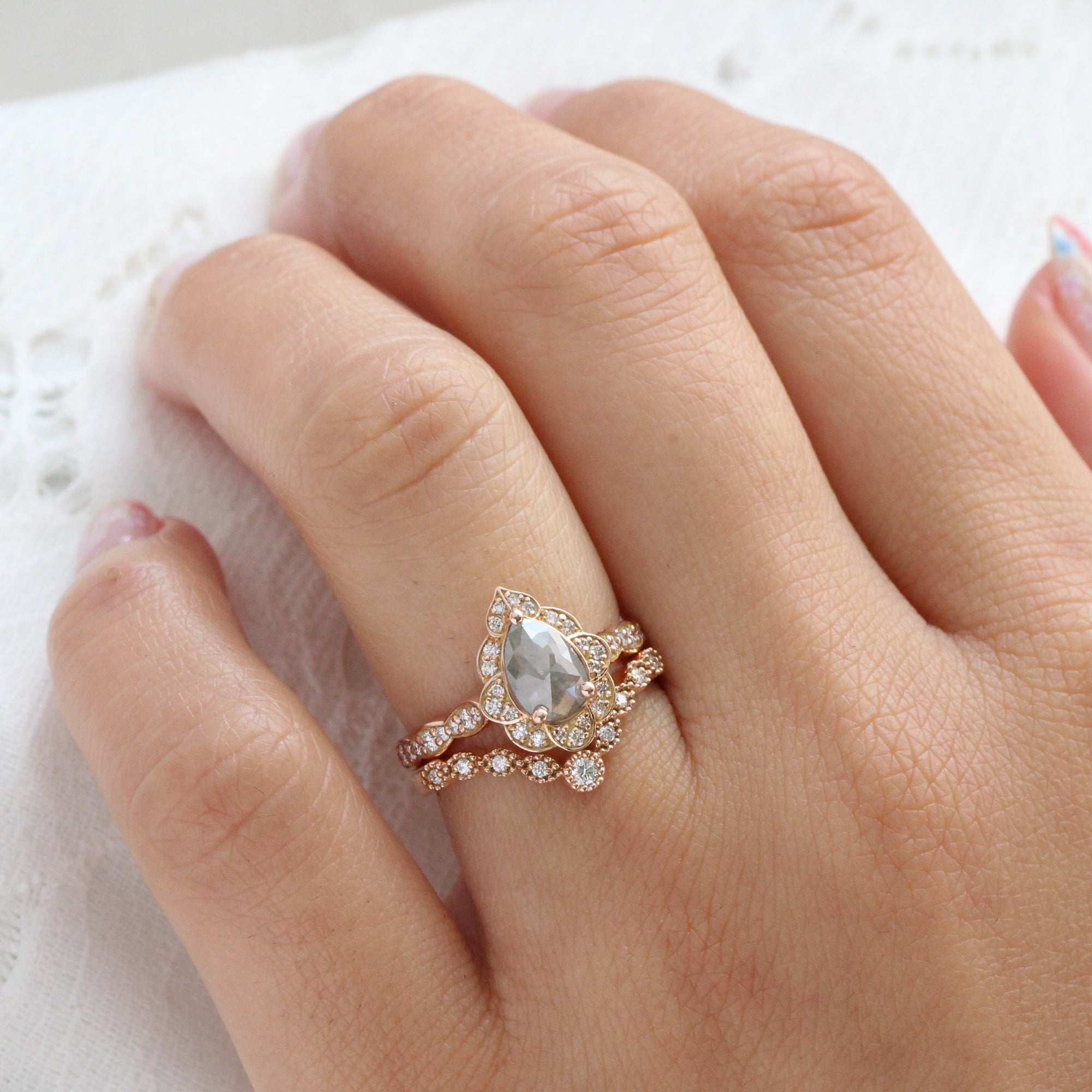 vintage floral salt and pepper diamond ring rose gold pear cut ring la more design jewelry