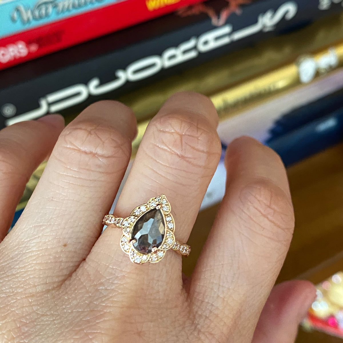 vintage floral salt and pepper diamond ring rose gold pear cut ring la more design jewelry