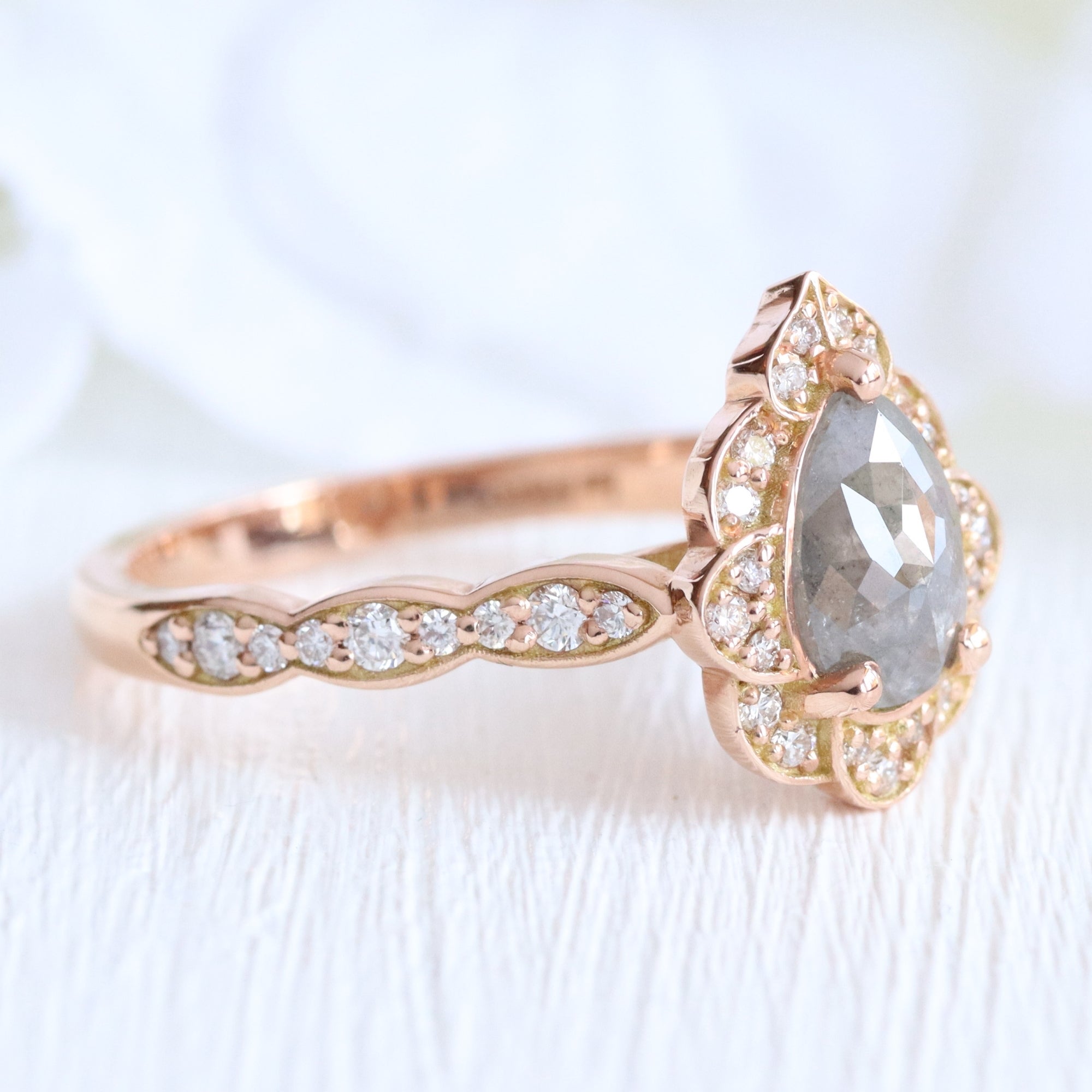 vintage floral salt and pepper diamond ring rose gold pear cut ring la more design jewelry