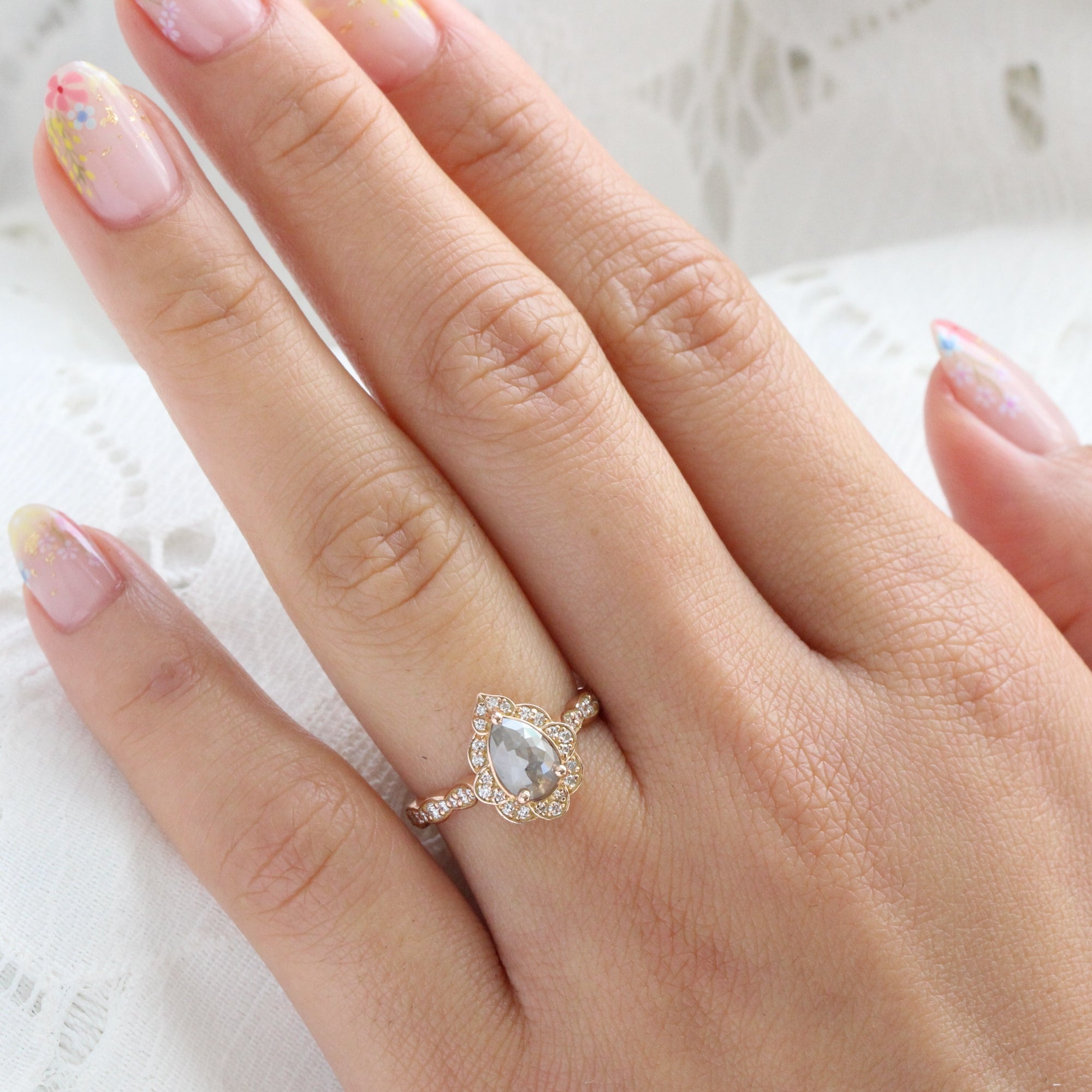 vintage floral salt and pepper diamond ring rose gold pear cut ring la more design jewelry