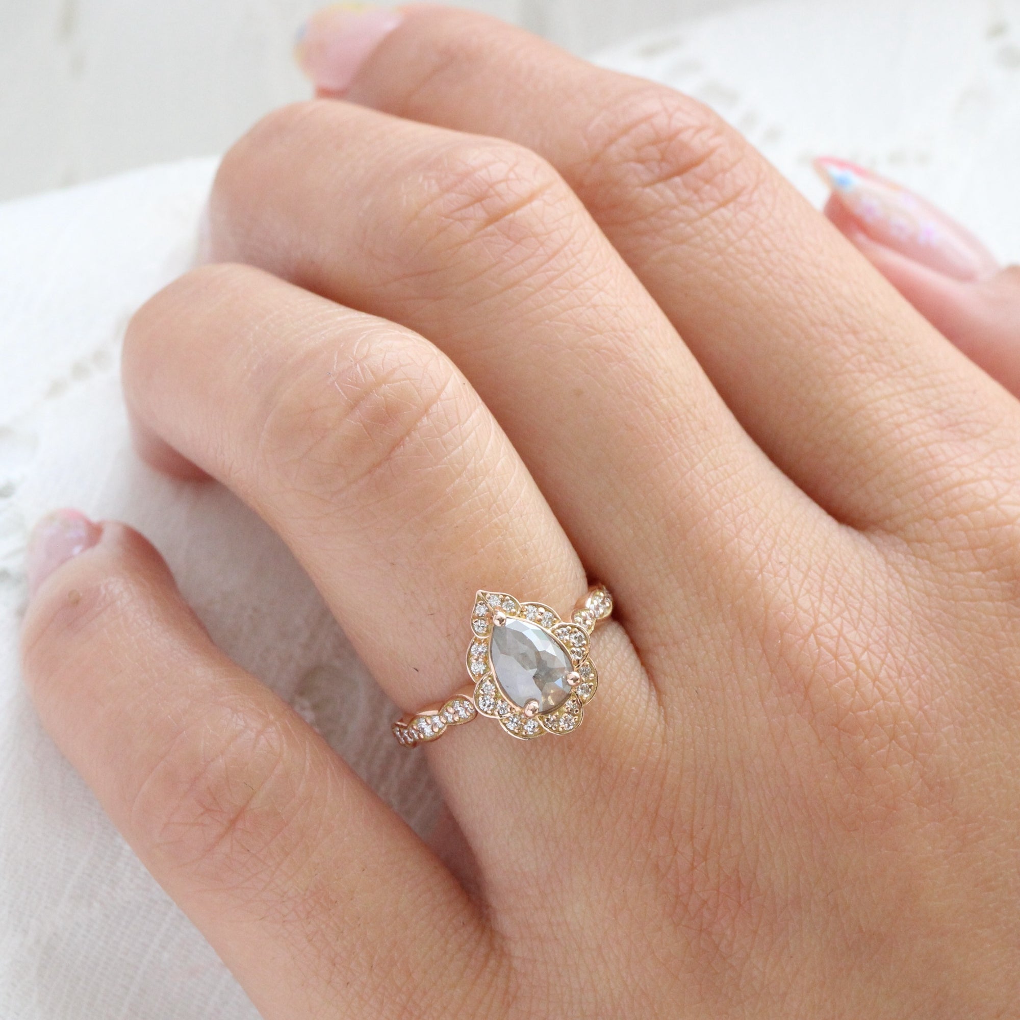 vintage floral salt and pepper diamond ring rose gold pear cut ring la more design jewelry