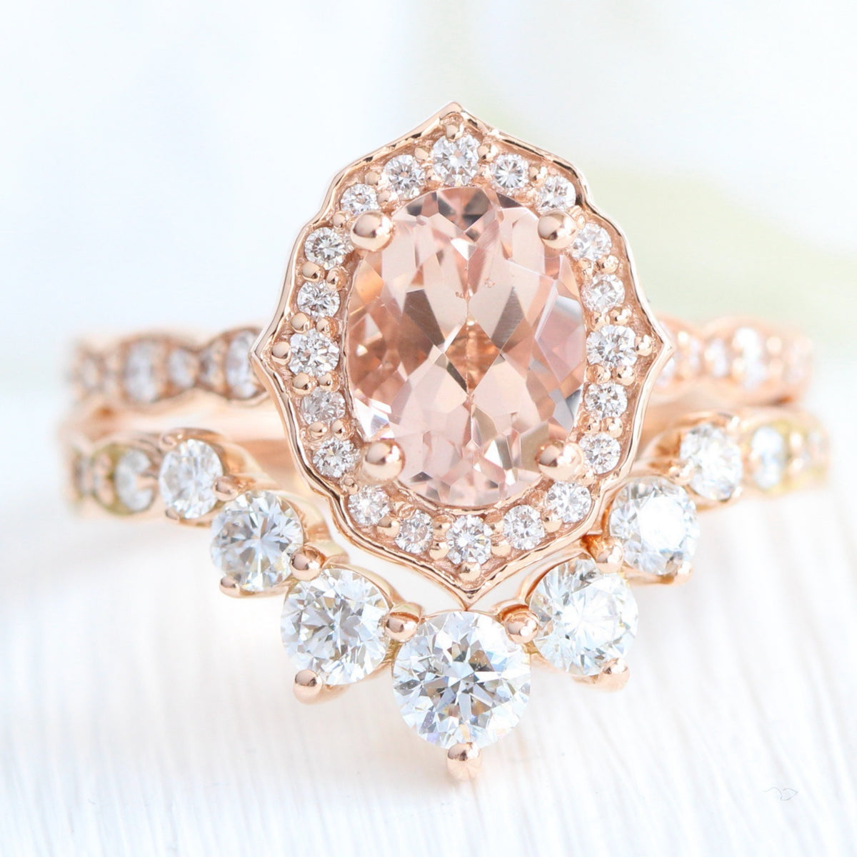 vintage halo diamond morganite ring stack rose gold curved wedding band la more design jewelry
