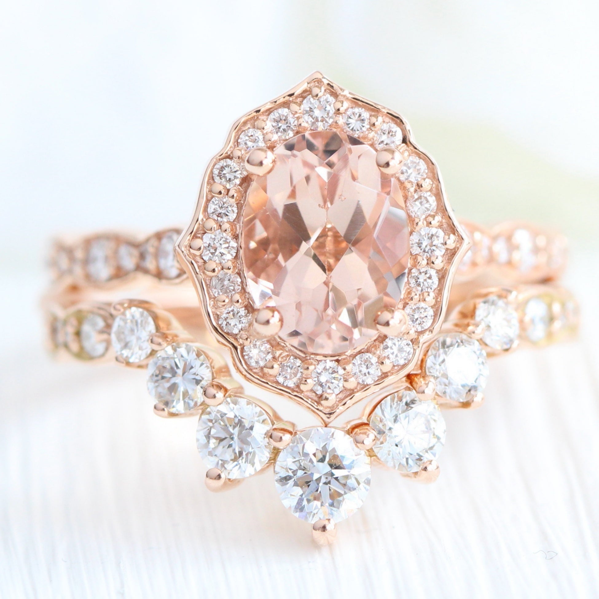 vintage halo diamond morganite ring stack rose gold curved wedding band la more design jewelry