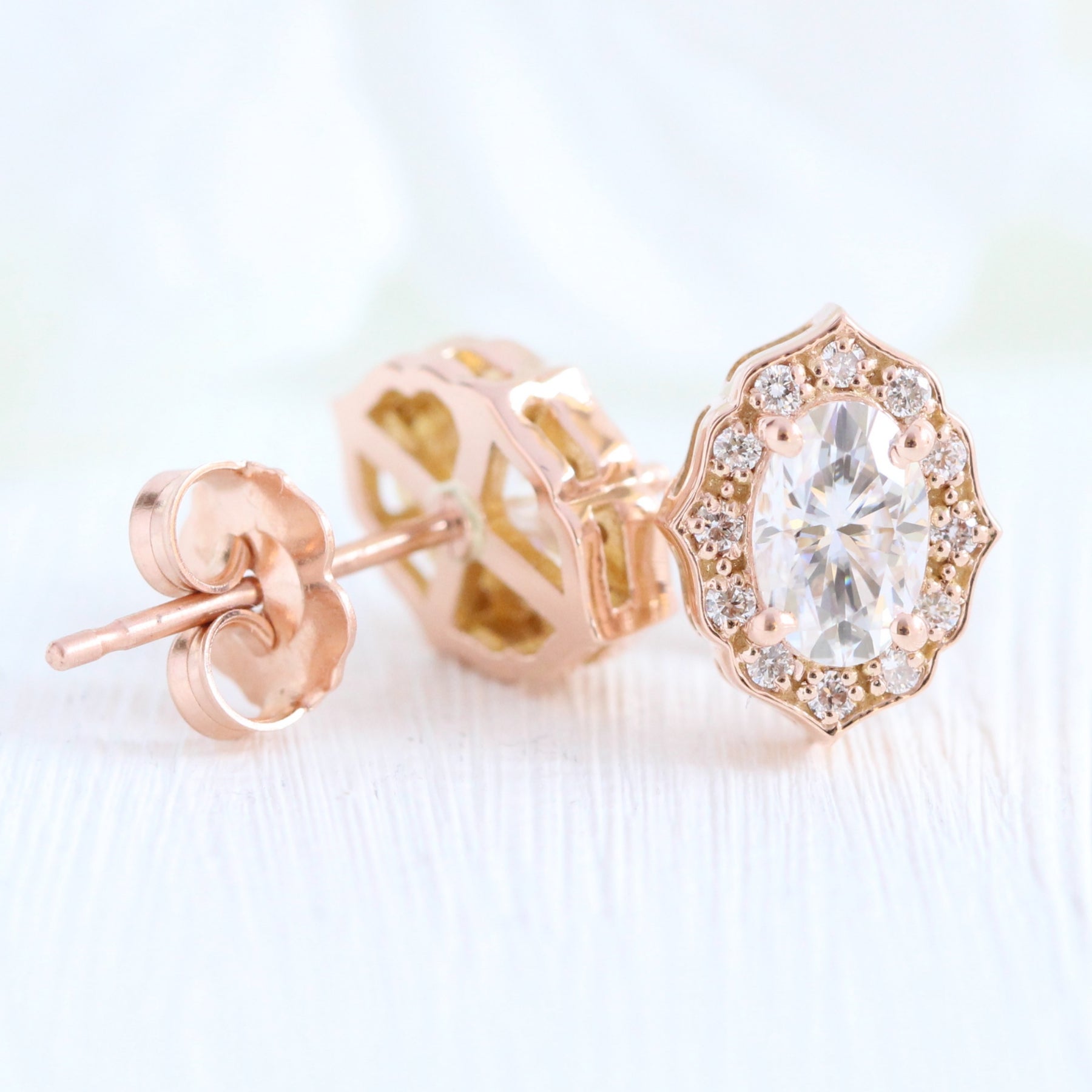 vintage halo diamond oval moissanite earrings rose gold diamond studs la more design jewelry