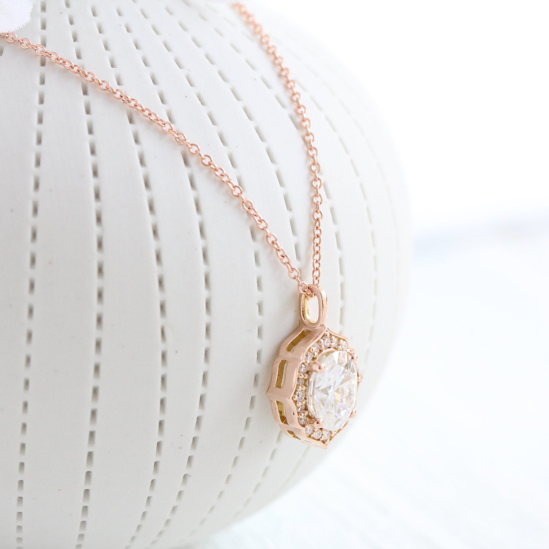 vintage halo diamond oval moissanite pendant rose gold drop necklace la more design jewelry